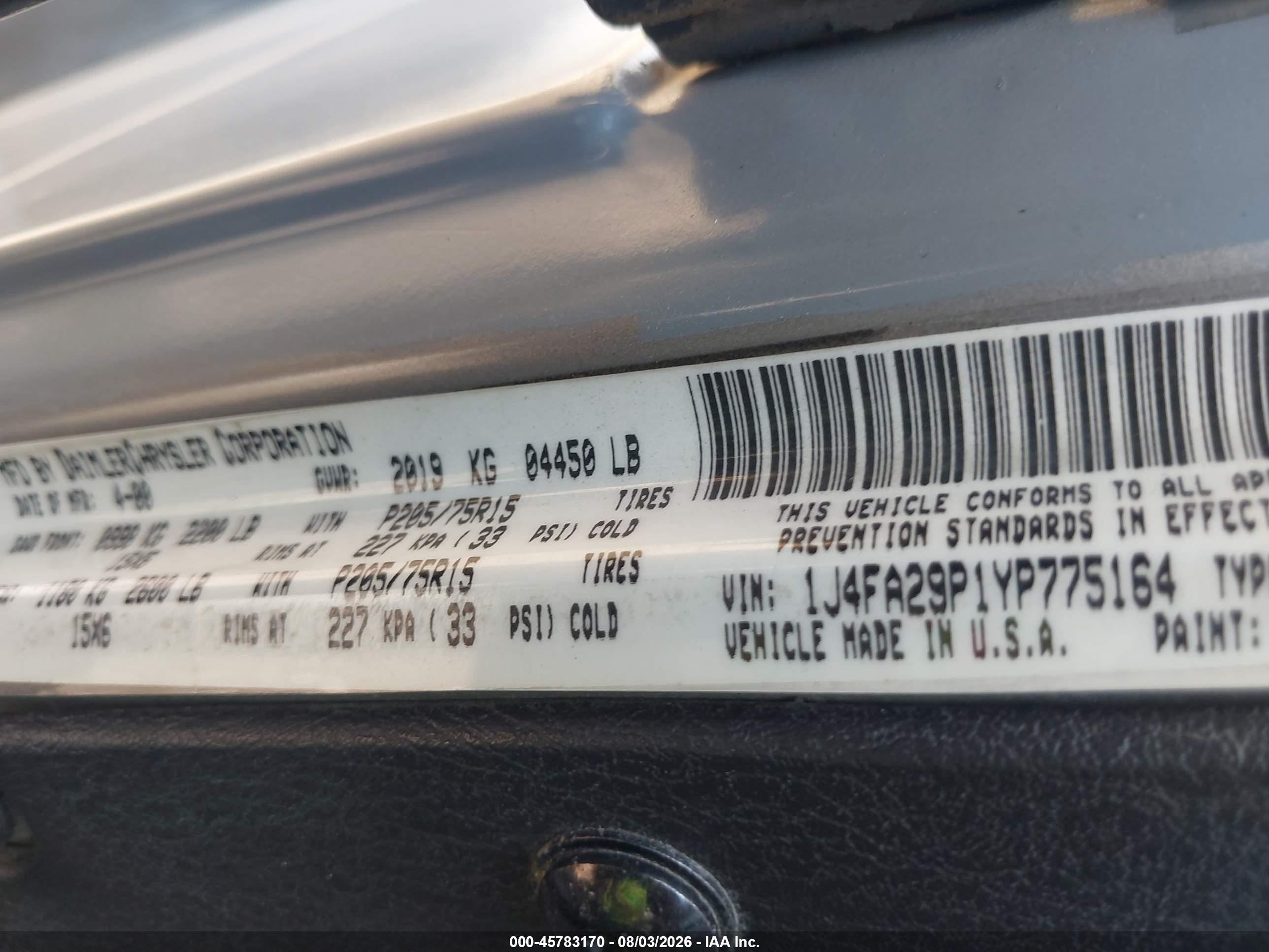 2000 Jeep Wrangler Se Серый vin: 1J4FA29P1YP775164