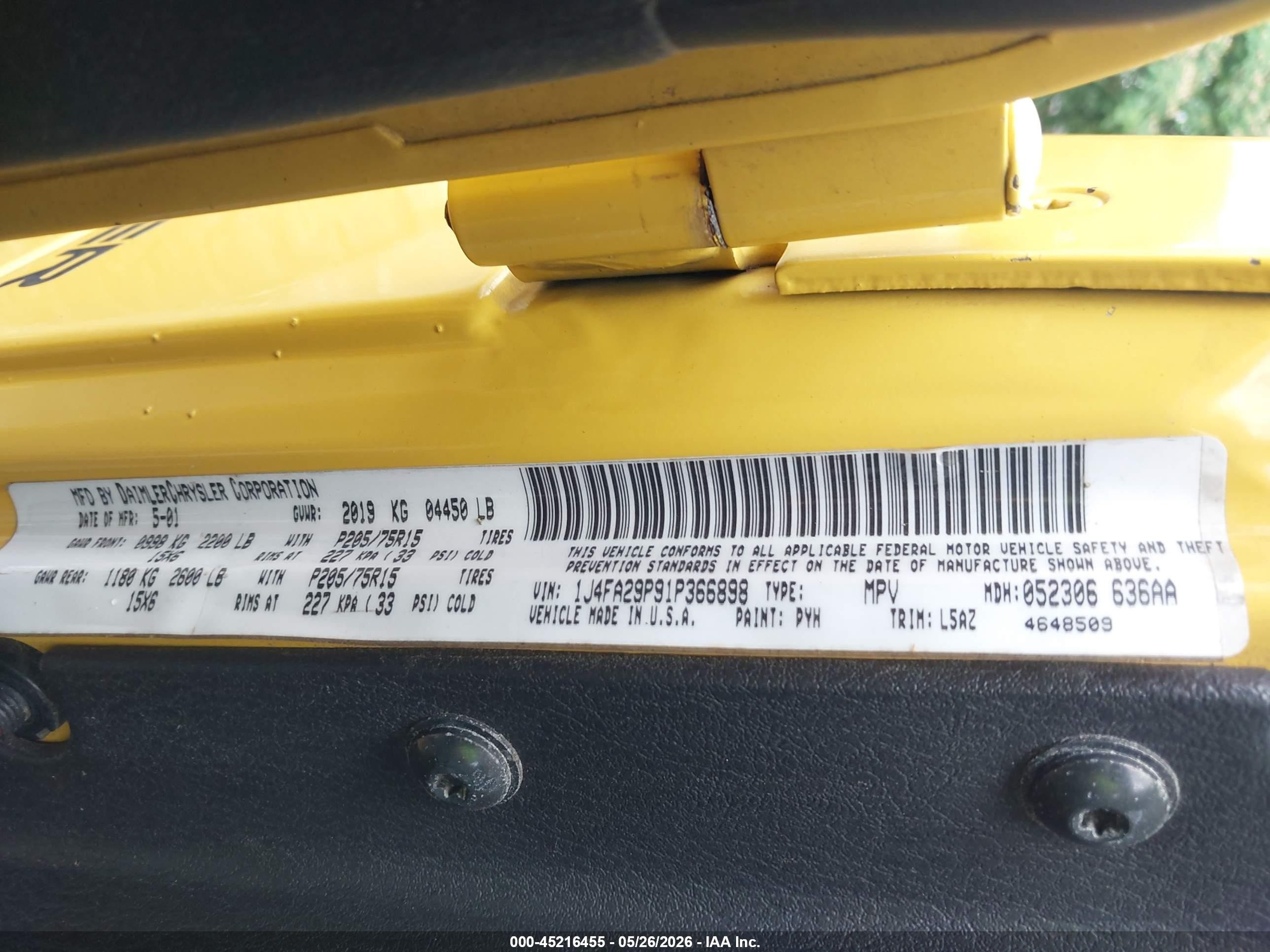 2001 Jeep Wrangler Se Yellow vin: 1J4FA29P91P366898
