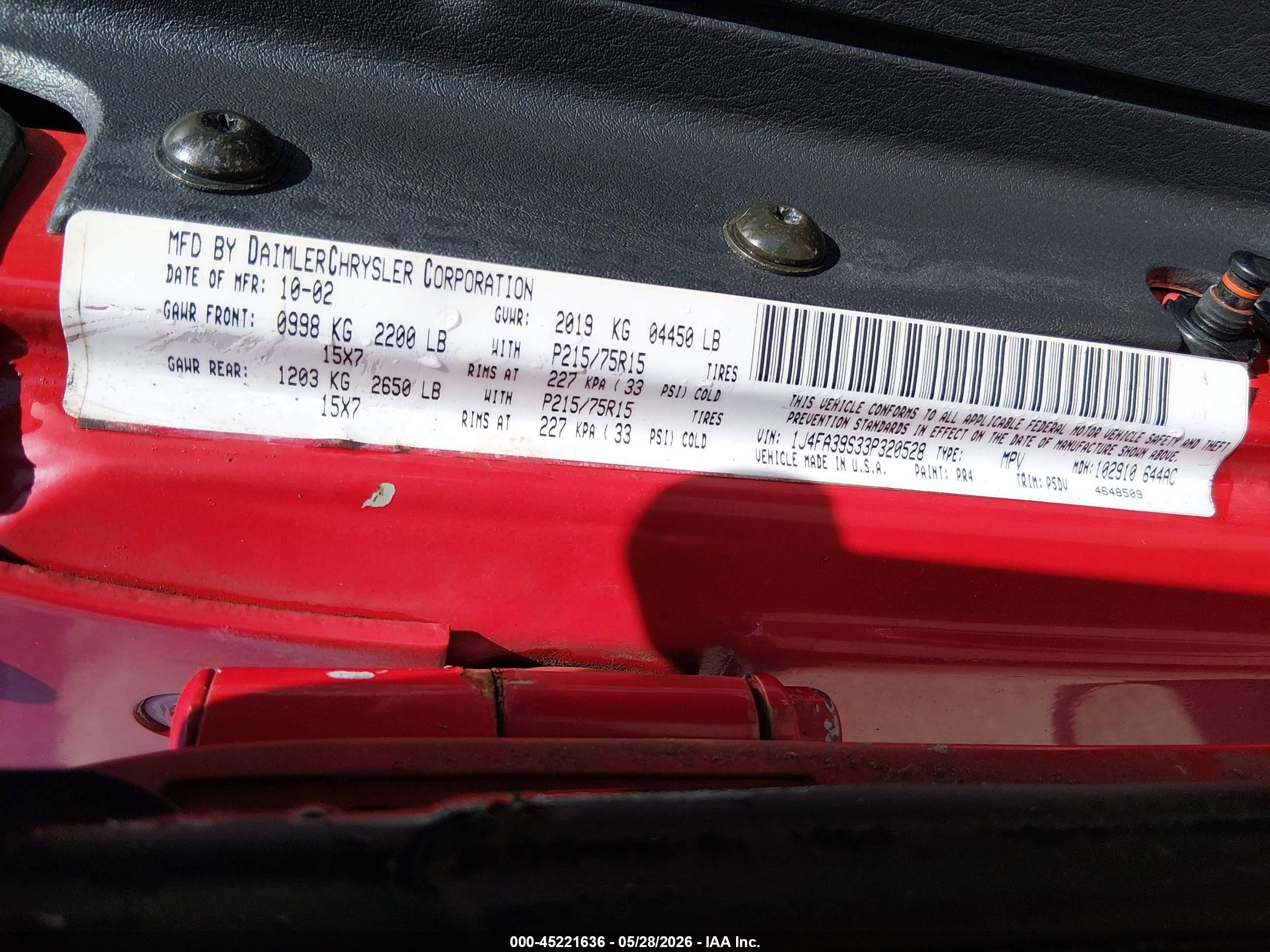 2003 Jeep Wrangler X Red vin: 1J4FA39S33P320528