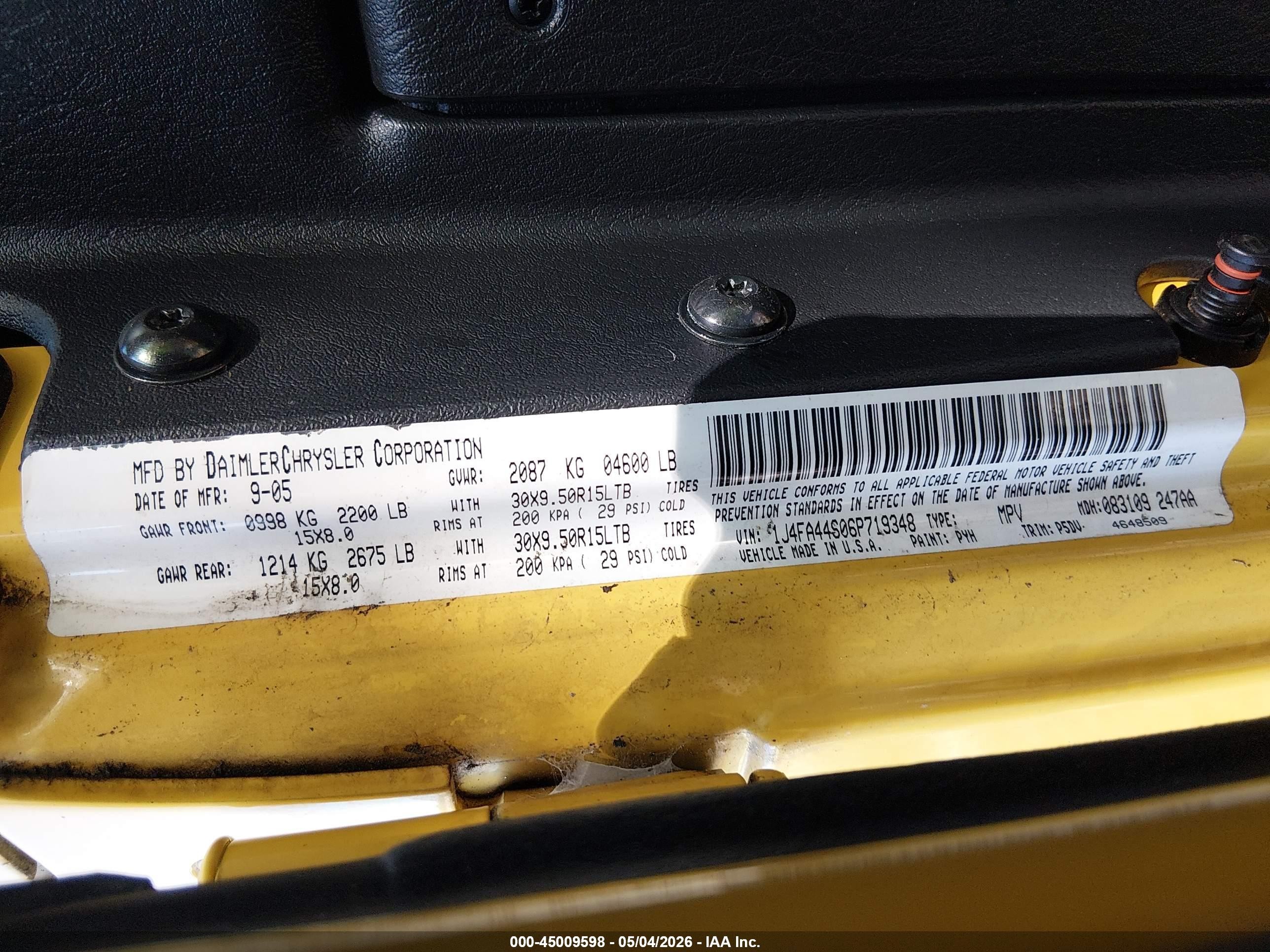 2006 Jeep Wrangler Unlimited Yellow vin: 1J4FA44S06P719348