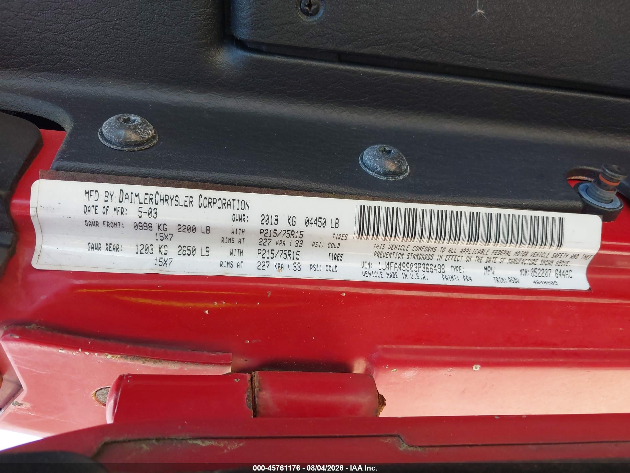 2003 Jeep Wrangler Sport Red vin: 1J4FA49S03P366498