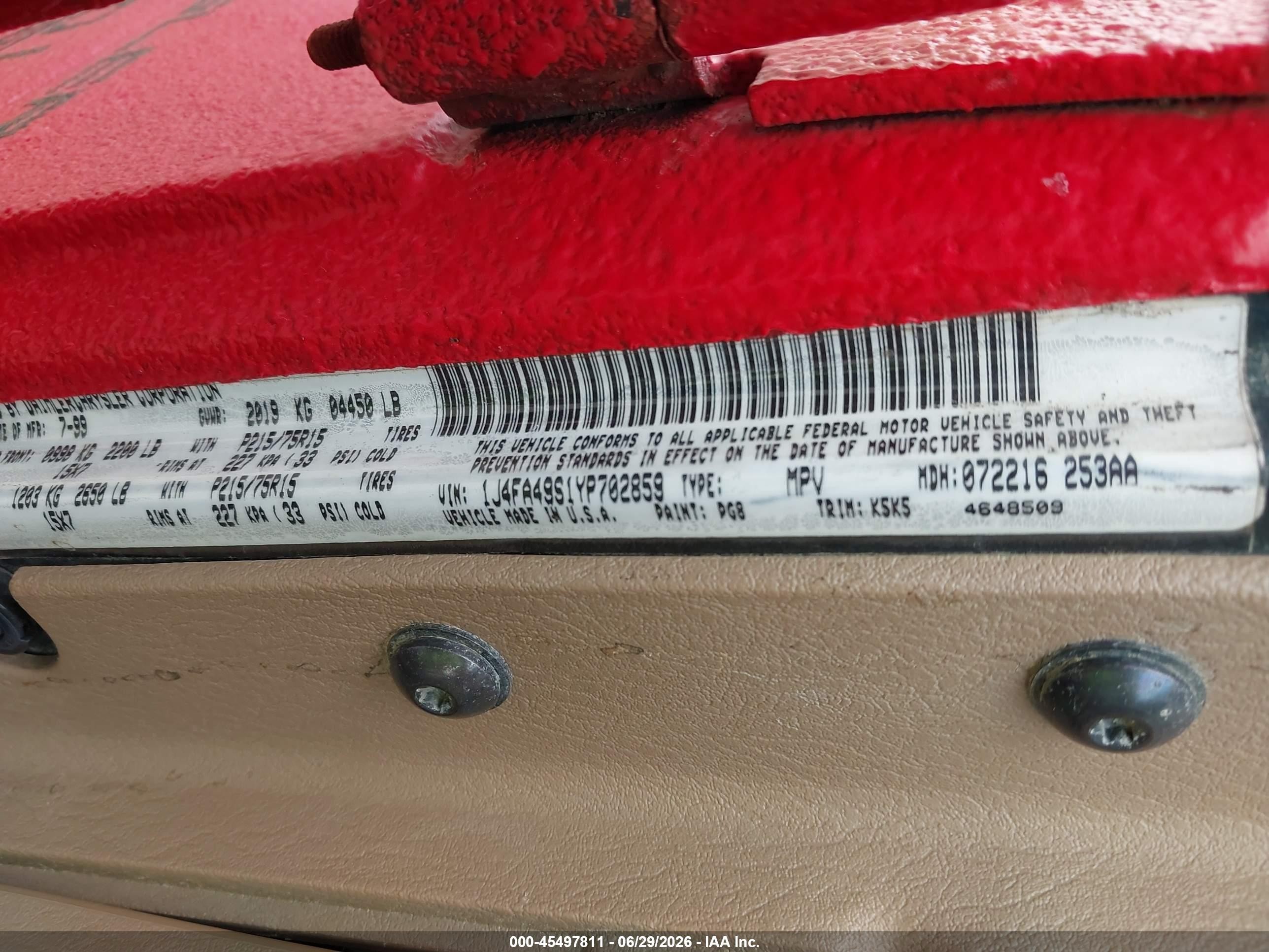 2000 Jeep Wrangler Sport Red vin: 1J4FA49S1YP702859