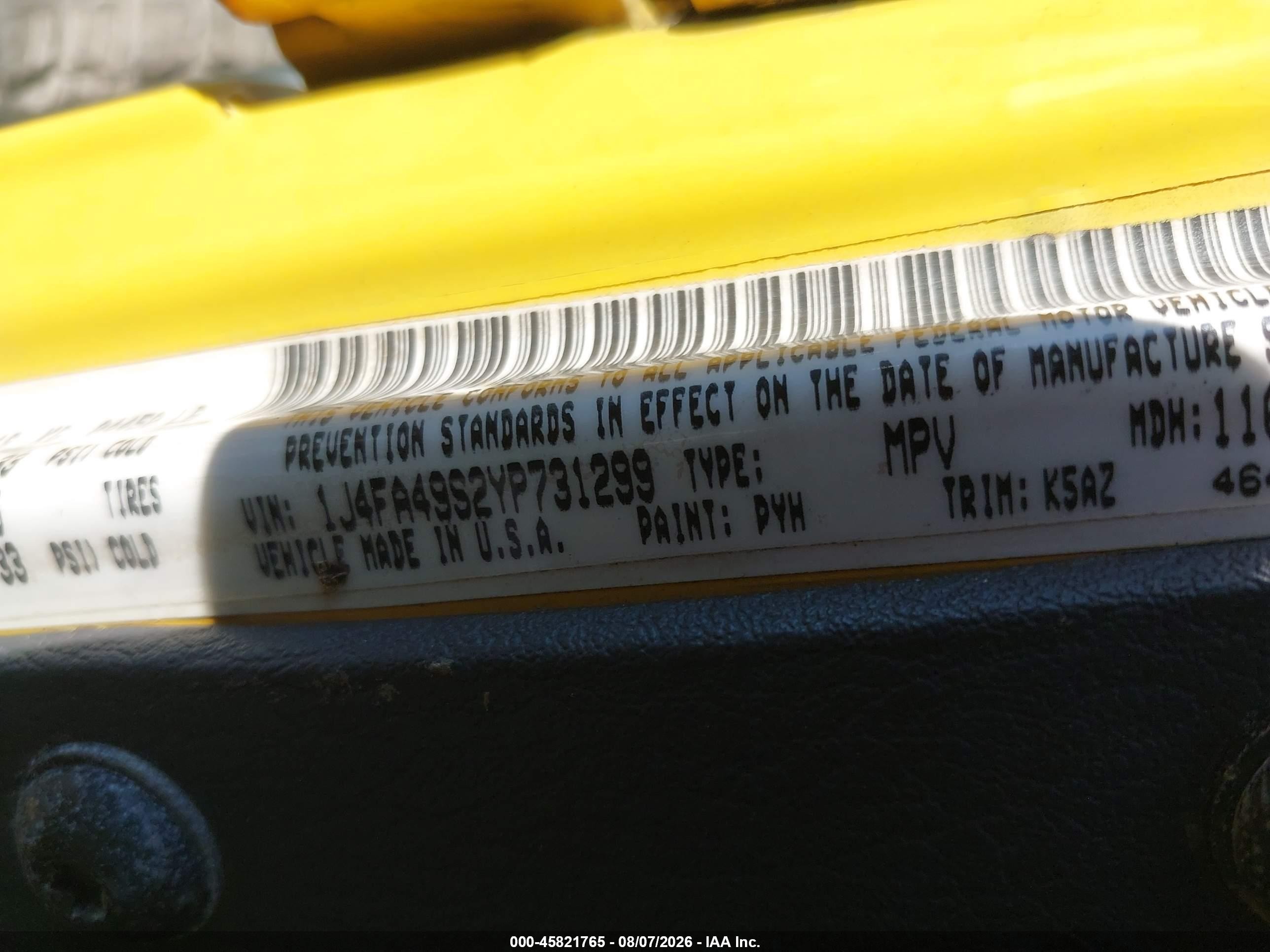 2000 Jeep Wrangler Sport Yellow vin: 1J4FA49S2YP731299