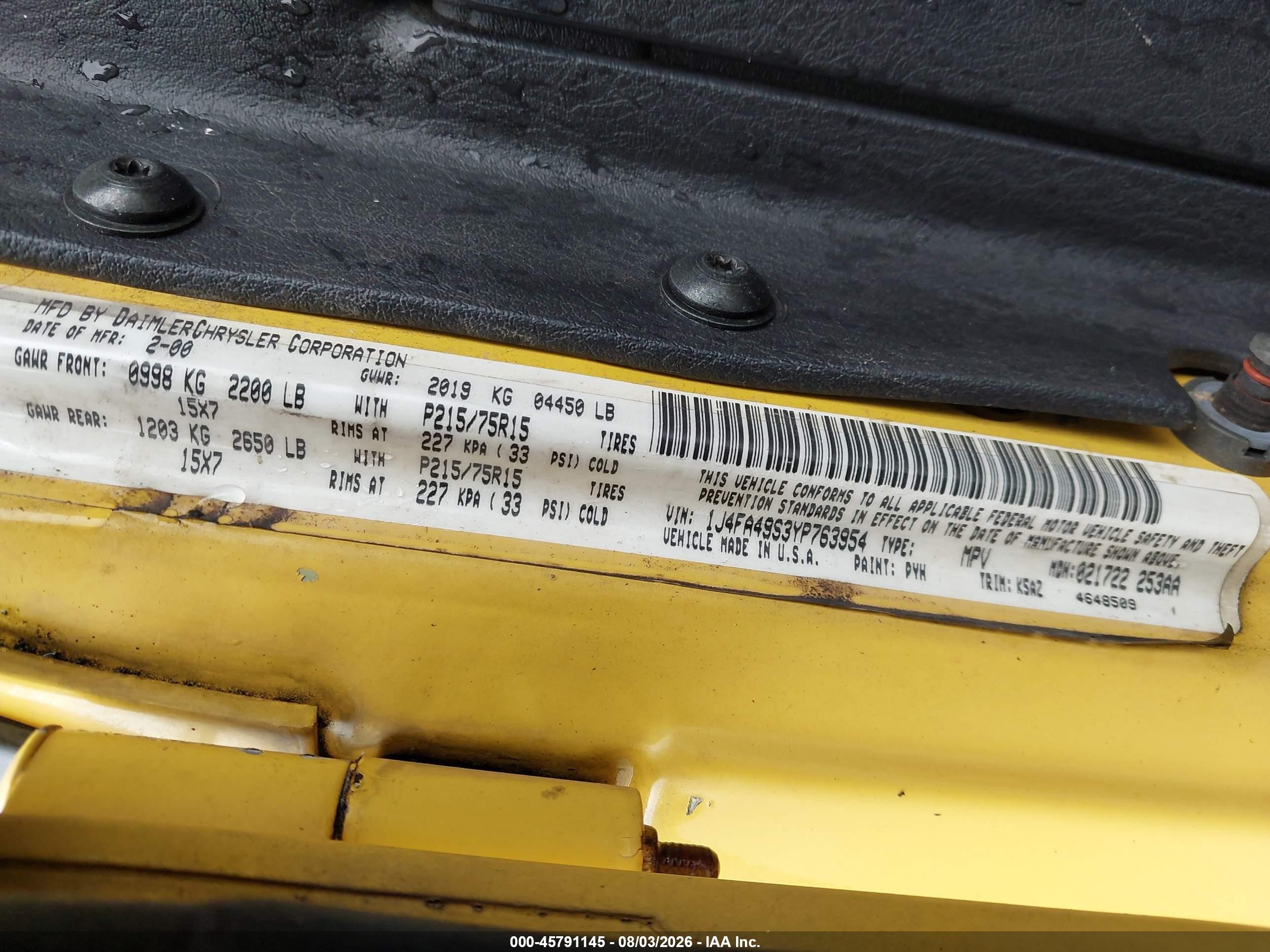 2000 Jeep Wrangler Sport Yellow vin: 1J4FA49S3YP763954