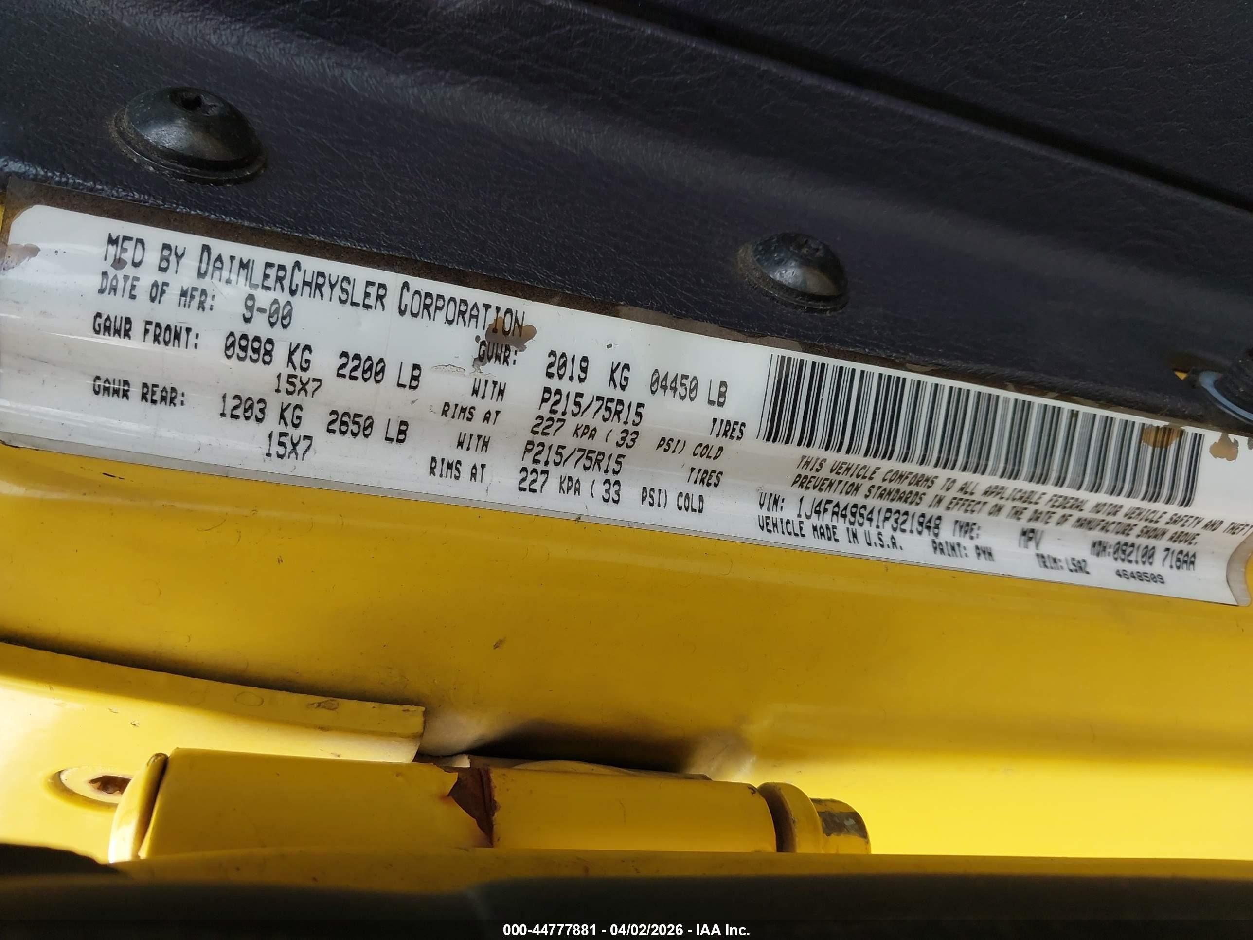 2001 Jeep Wrangler Sport Yellow vin: 1J4FA49S41P321948
