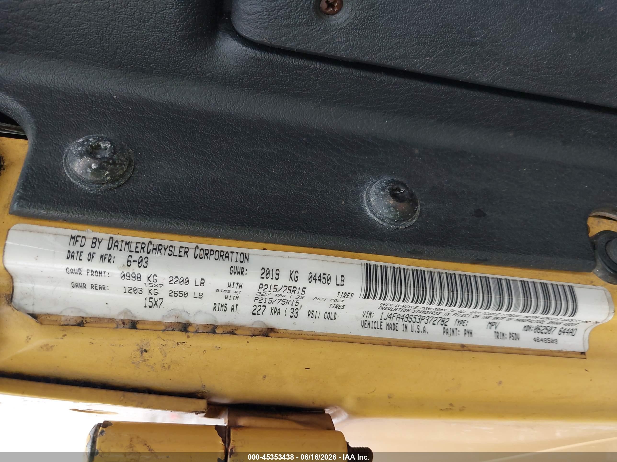 2003 Jeep Wrangler Sport Yellow vin: 1J4FA49S53P372782