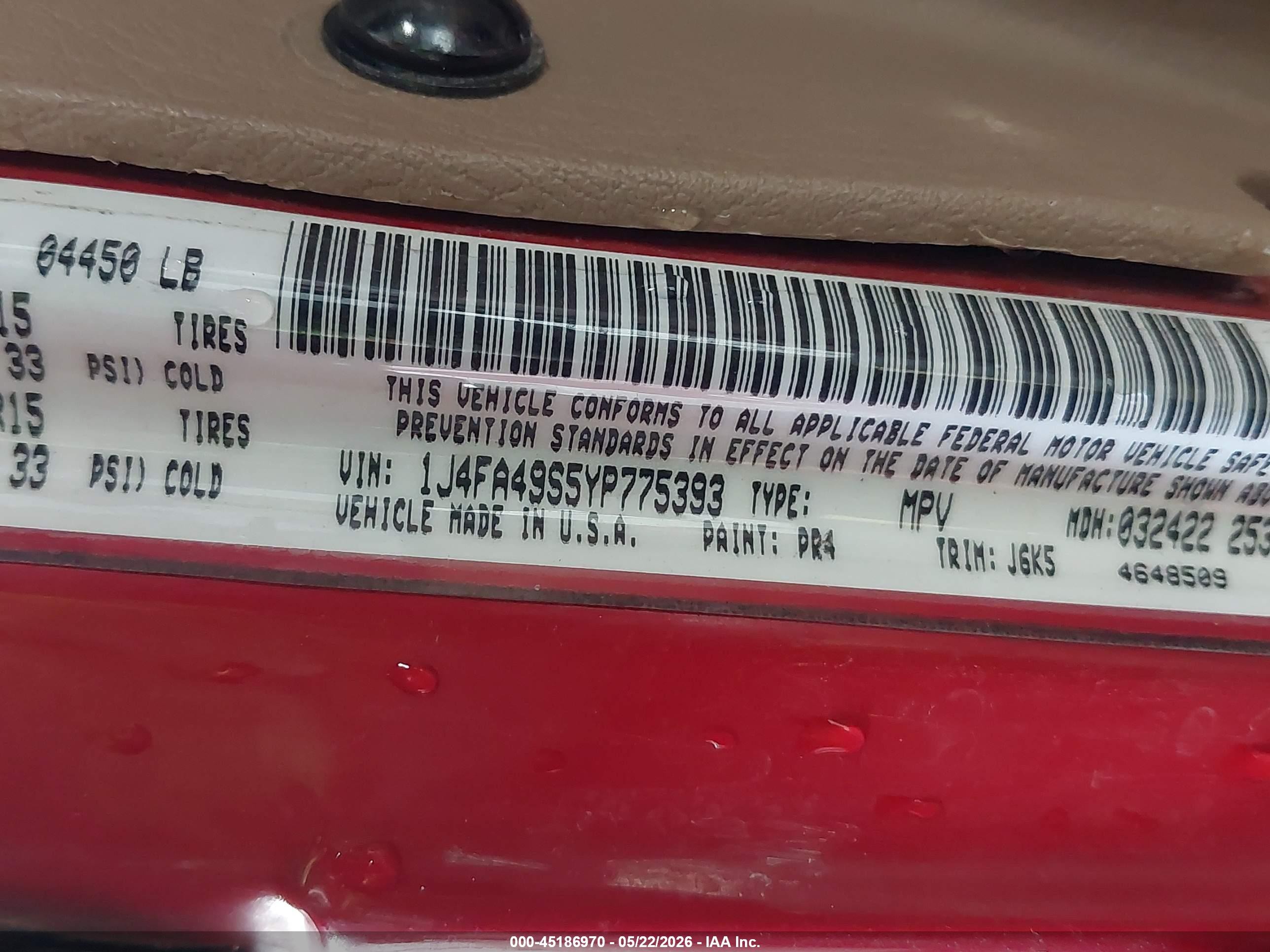 2000 Jeep Wrangler Sport Red vin: 1J4FA49S5YP775393