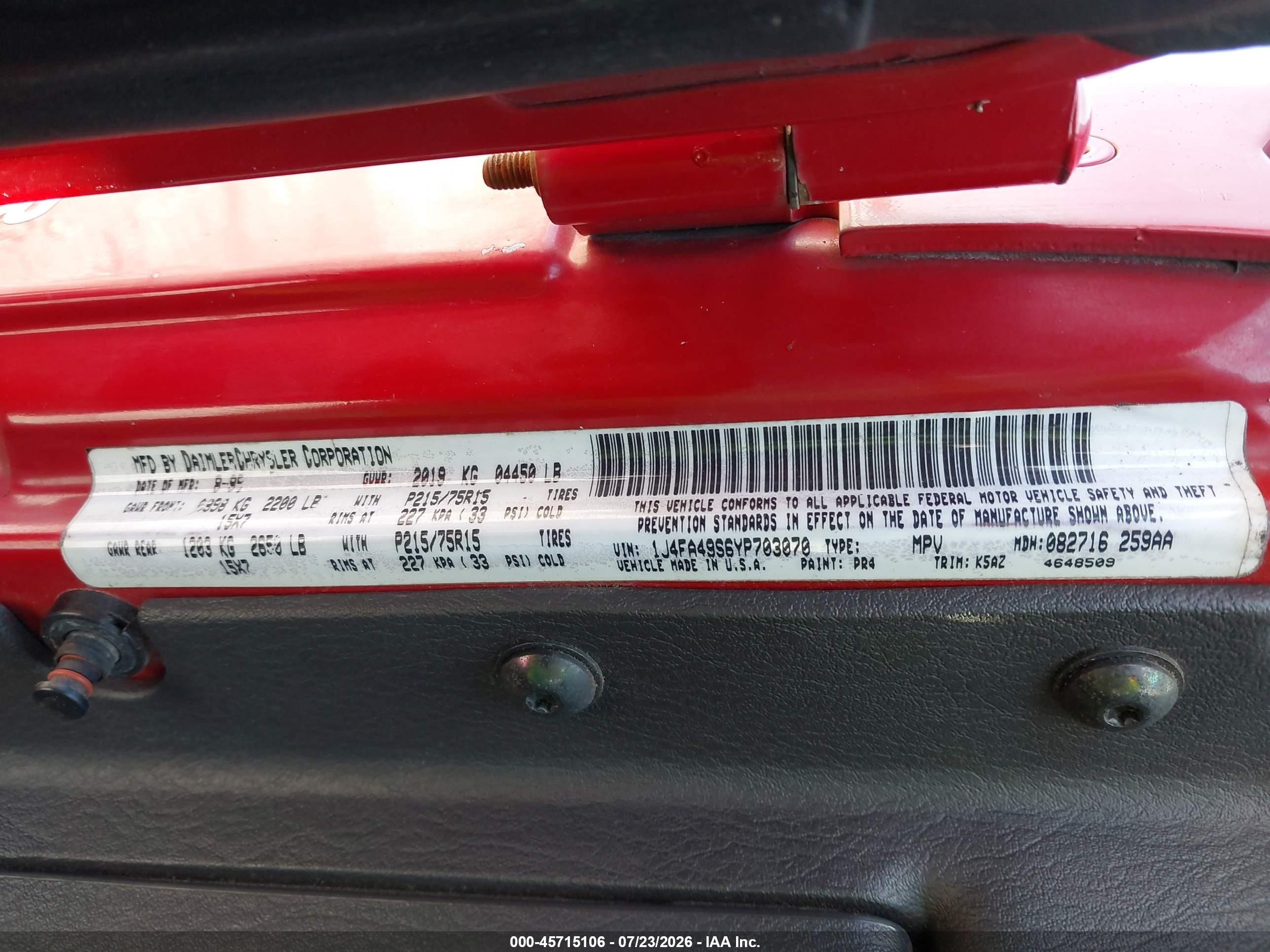 2000 Jeep Wrangler Sport Red vin: 1J4FA49S6YP703070