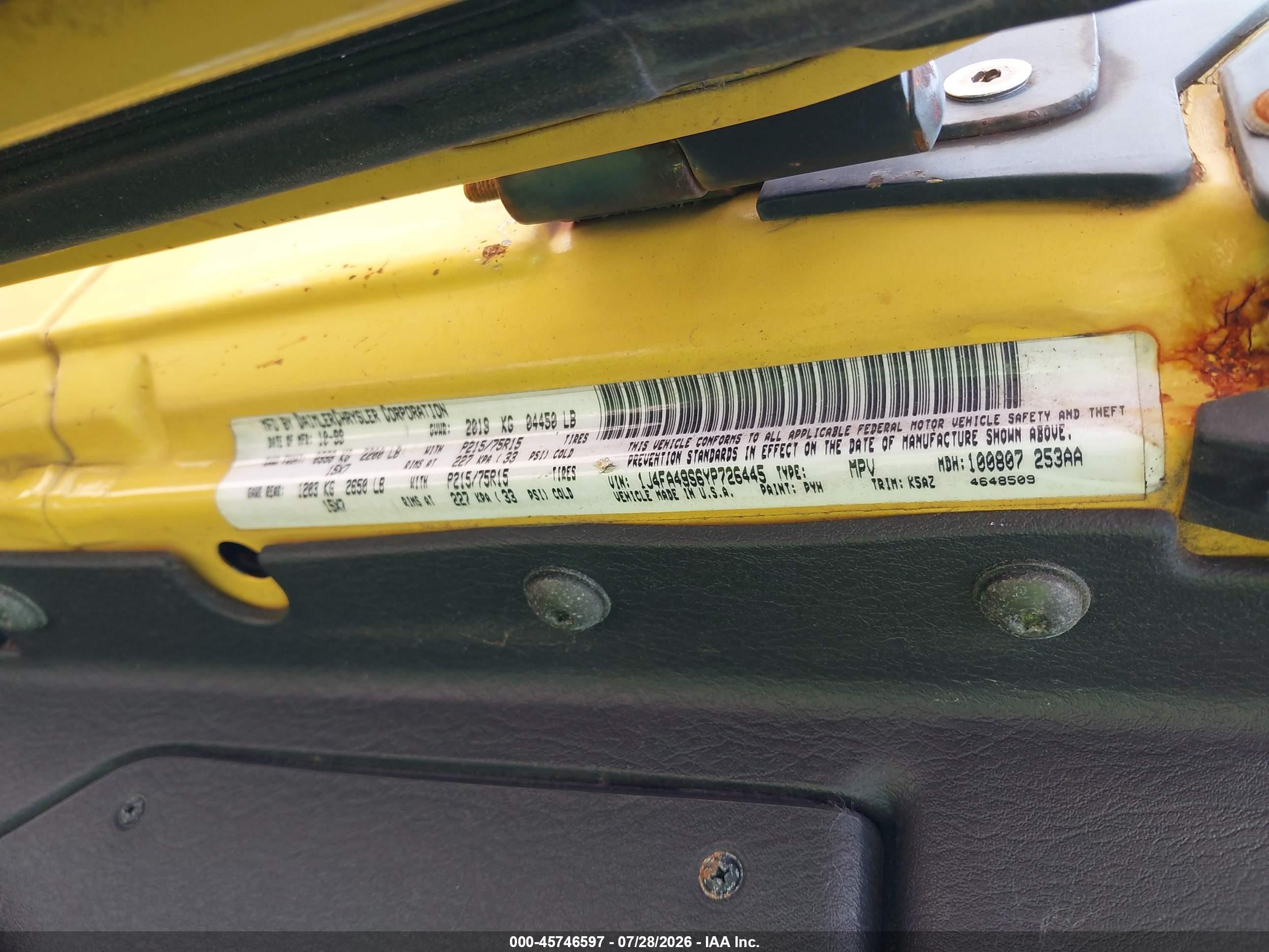 2000 Jeep Wrangler Sport Yellow vin: 1J4FA49S6YP726445