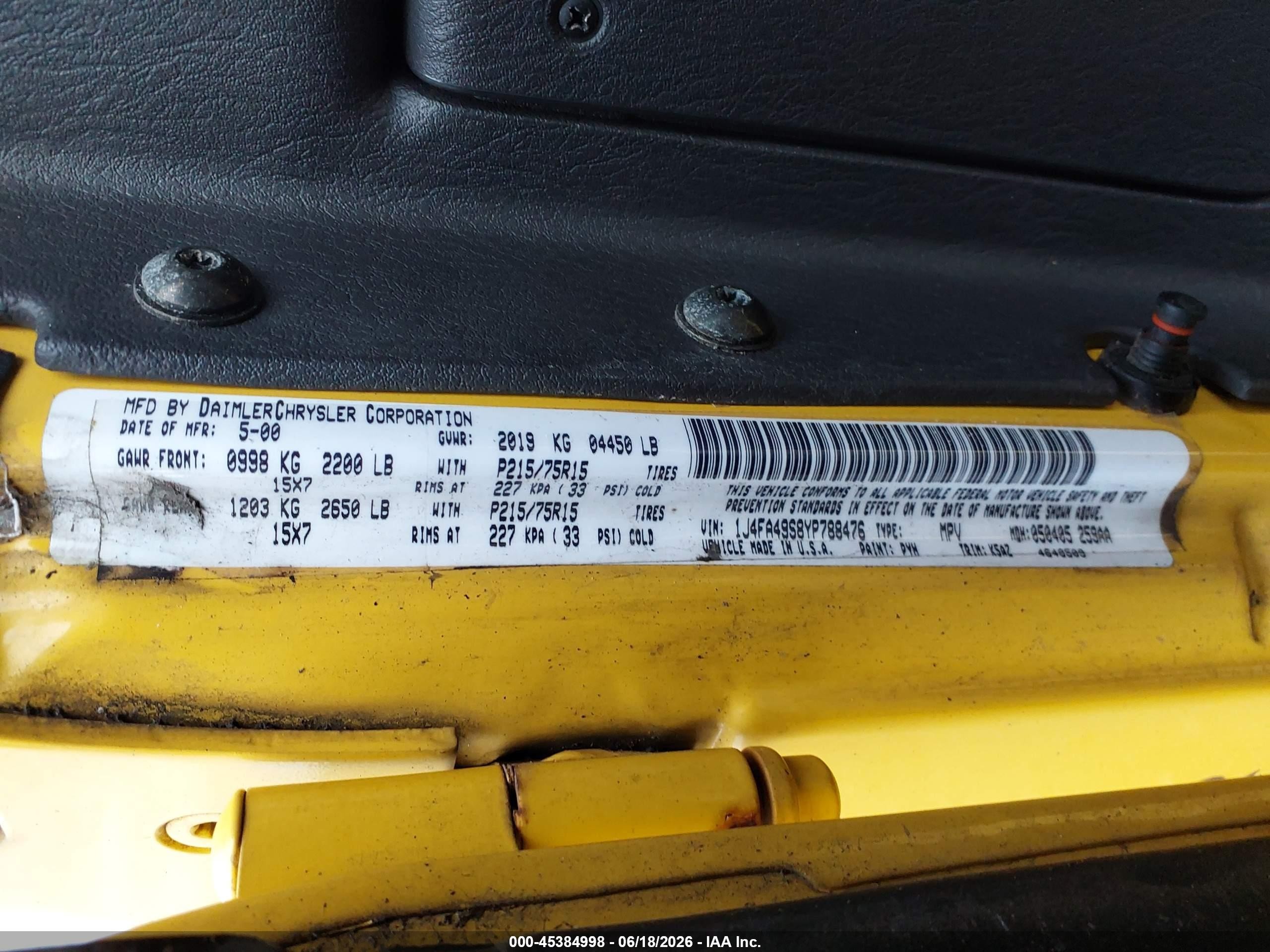 2000 Jeep Wrangler Sport Yellow vin: 1J4FA49S8YP788476