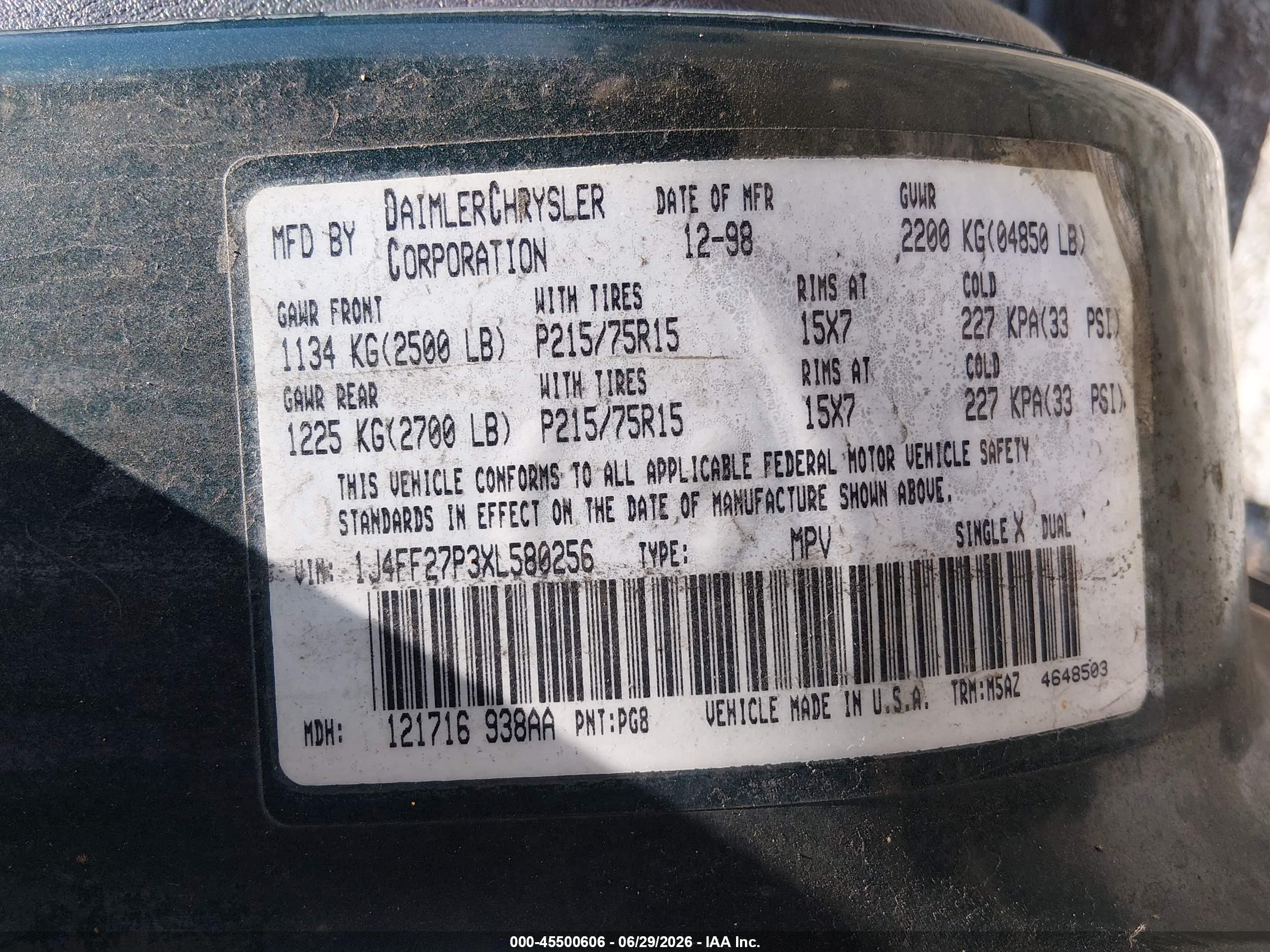 1999 Jeep Cherokee Se Green vin: 1J4FF27P3XL580256