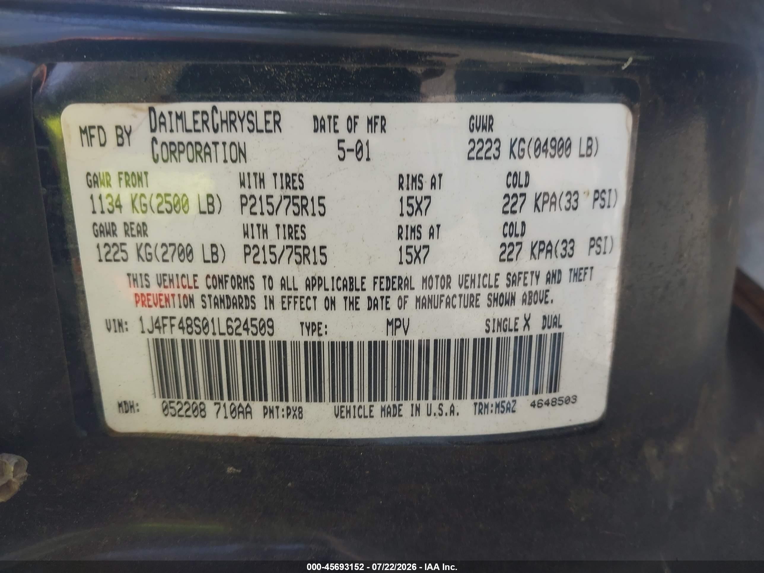 2001 Jeep Cherokee Sport Черный vin: 1J4FF48S01L624509