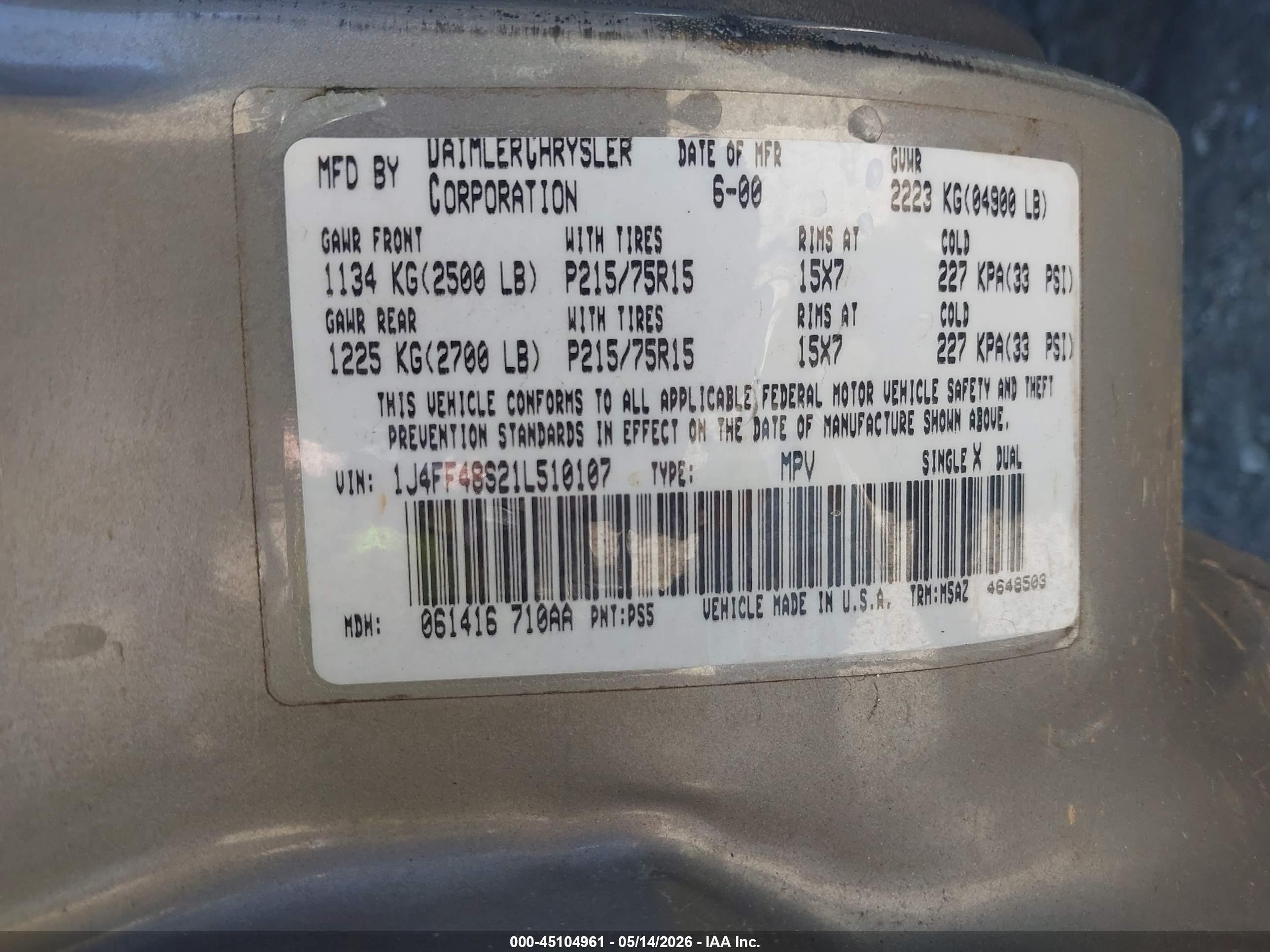 2001 Jeep Cherokee Sport Pewter vin: 1J4FF48S21L510107
