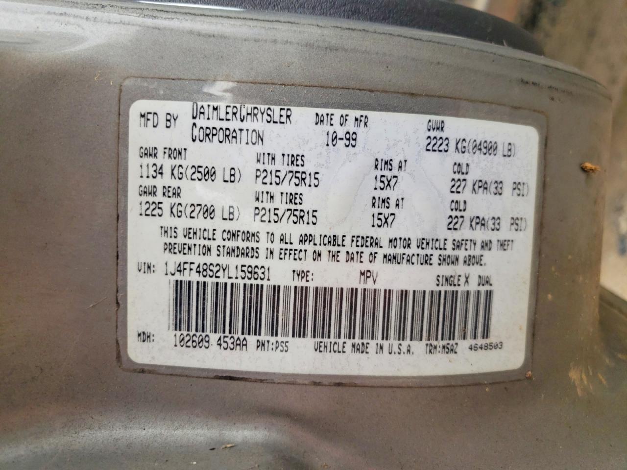 2000 Jeep Cherokee Sport Silver vin: 1J4FF48S2YL159631
