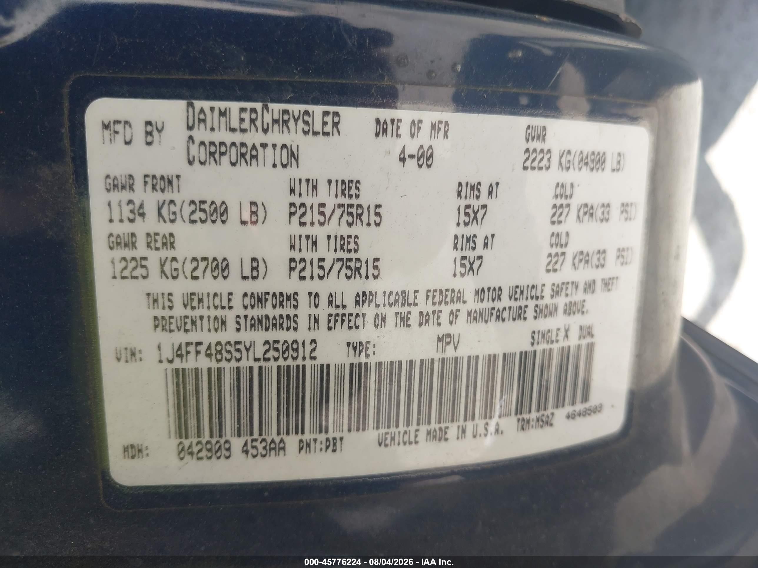 2000 Jeep Cherokee Sport Dark Blue vin: 1J4FF48S5YL250912