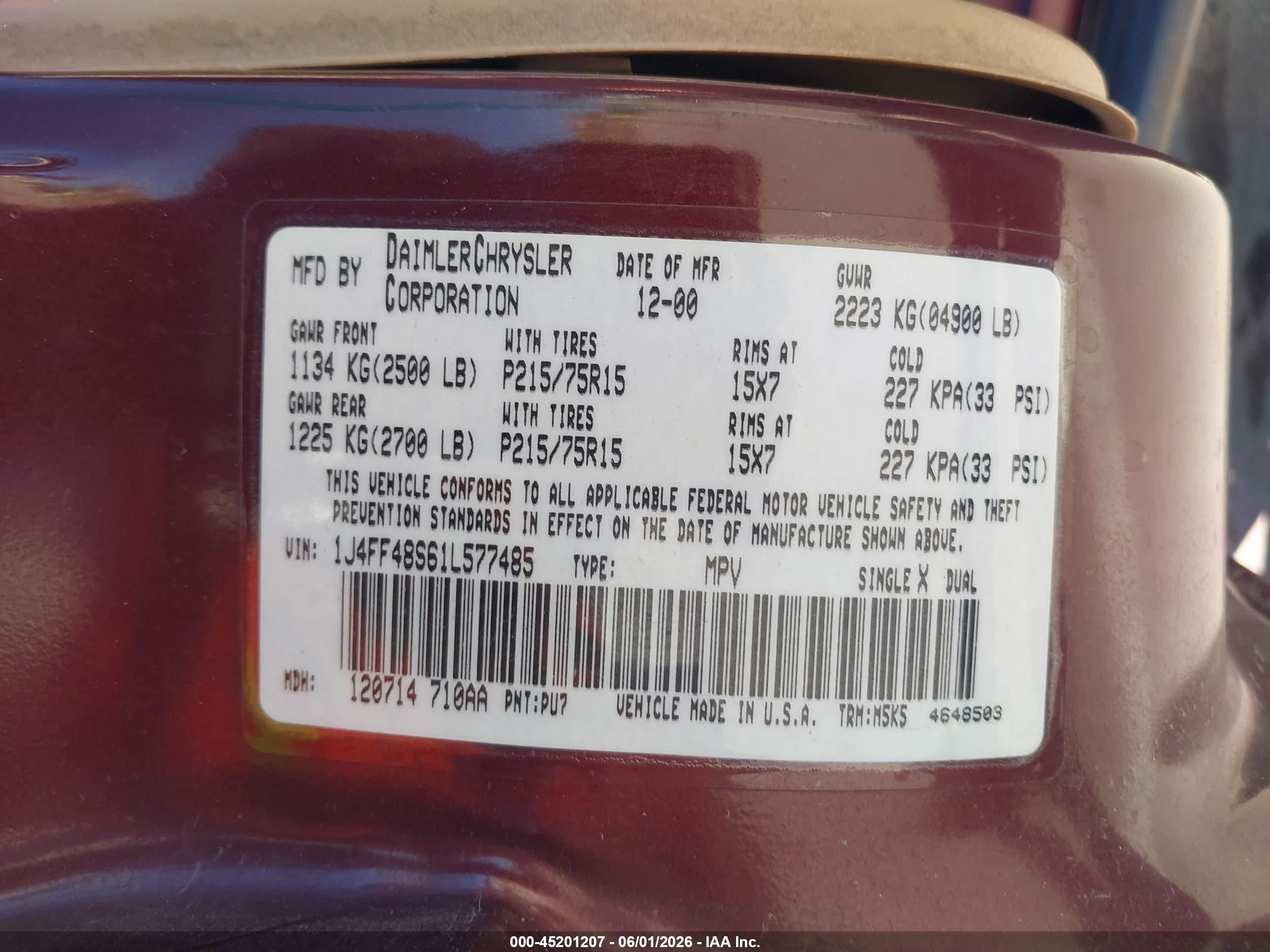2001 Jeep Cherokee Sport Burgundy vin: 1J4FF48S61L577485