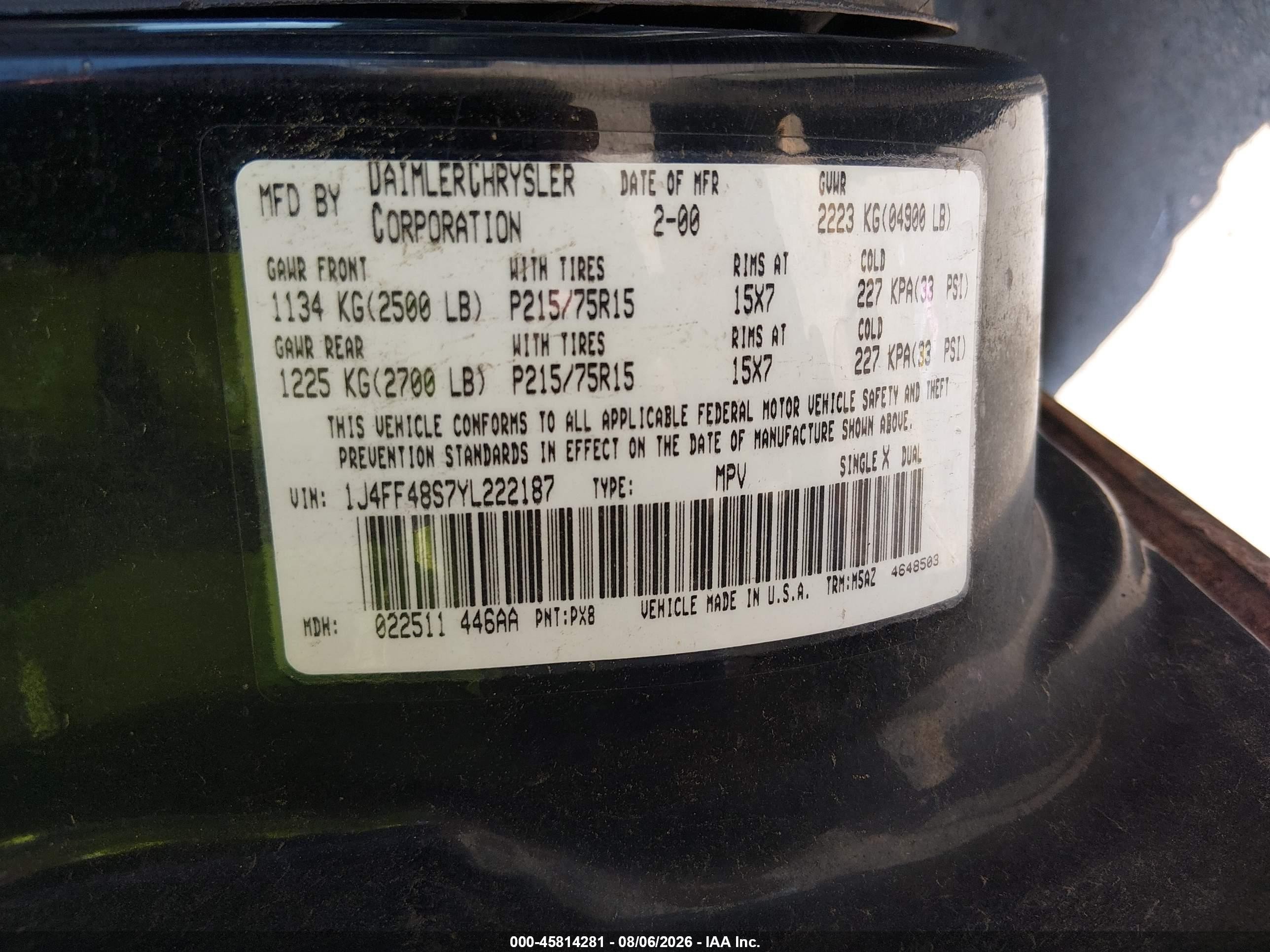 2000 Jeep Cherokee Sport Black vin: 1J4FF48S7YL222187