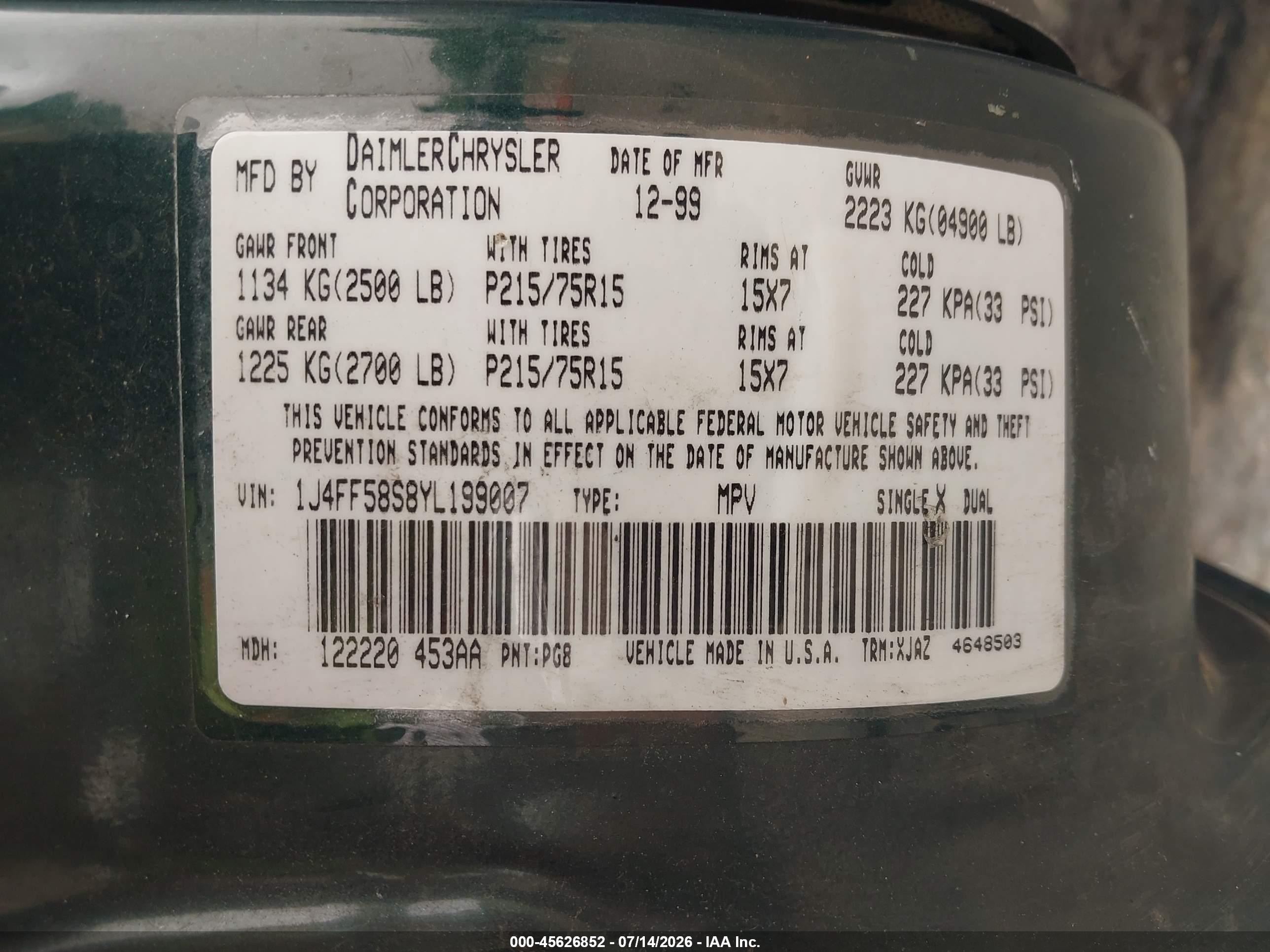 2000 Jeep Cherokee Classic Green vin: 1J4FF58S8YL199007
