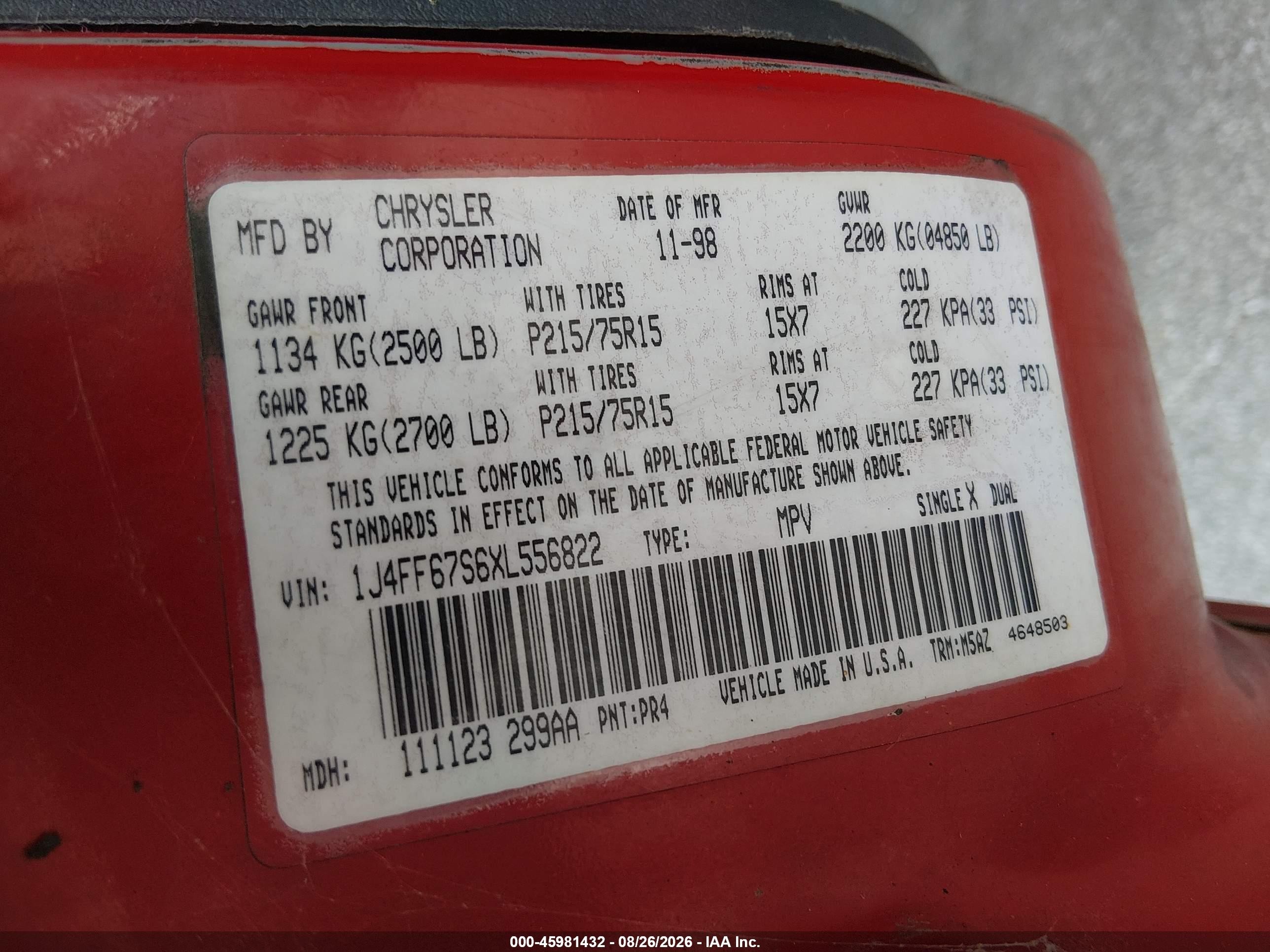1999 Jeep Cherokee Sport Red vin: 1J4FF67S6XL556822
