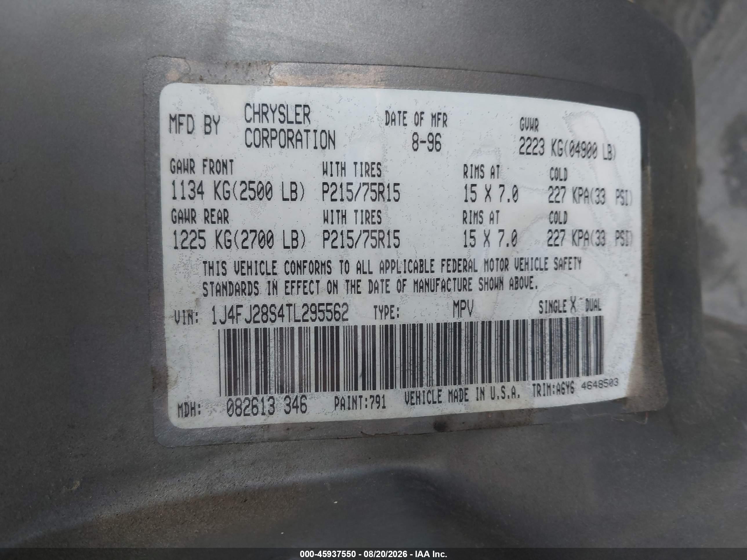 1996 Jeep Cherokee Se Gray vin: 1J4FJ28S4TL295562