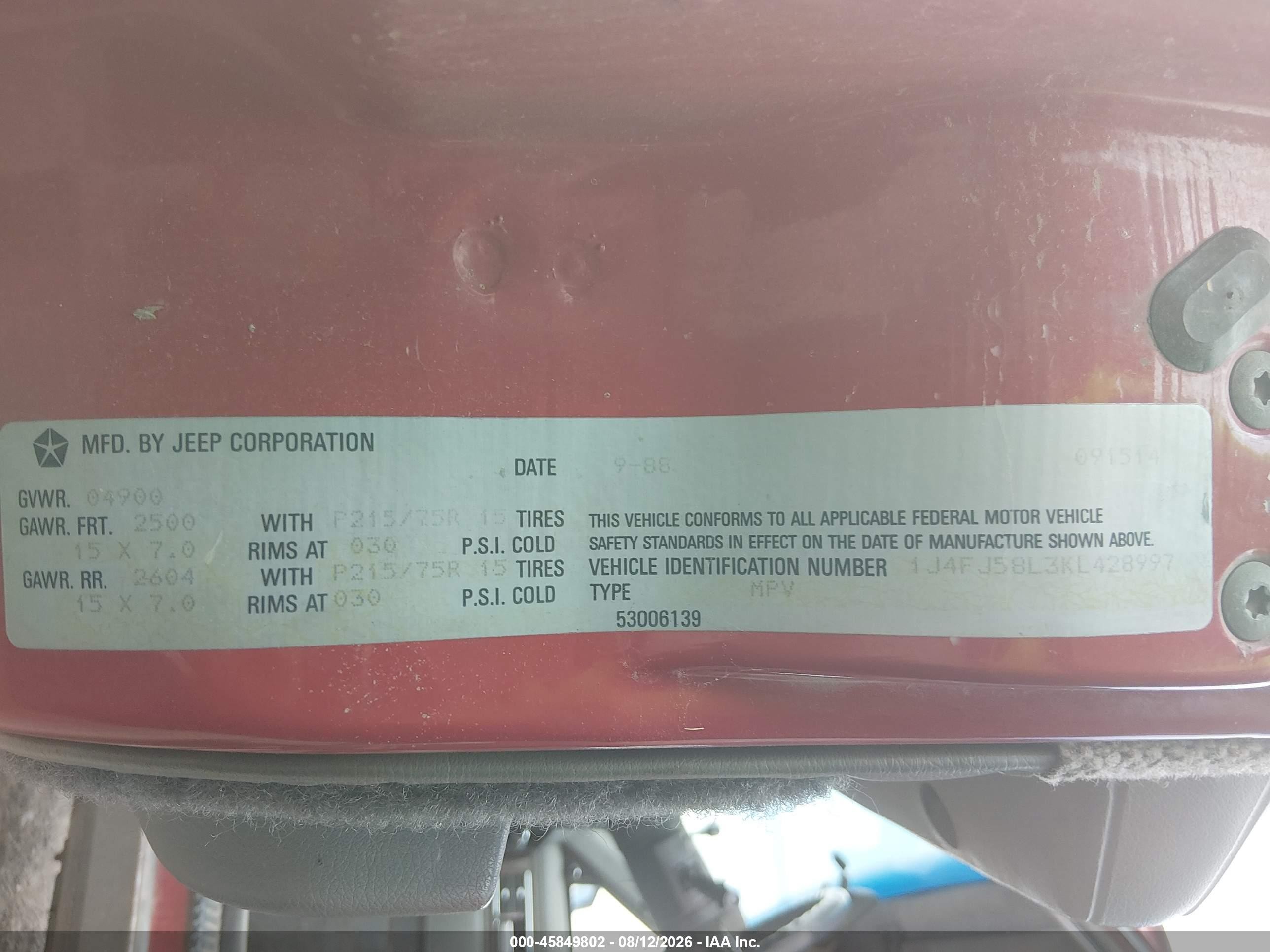 1989 Jeep Cherokee Laredo Красный vin: 1J4FJ58L3KL428997