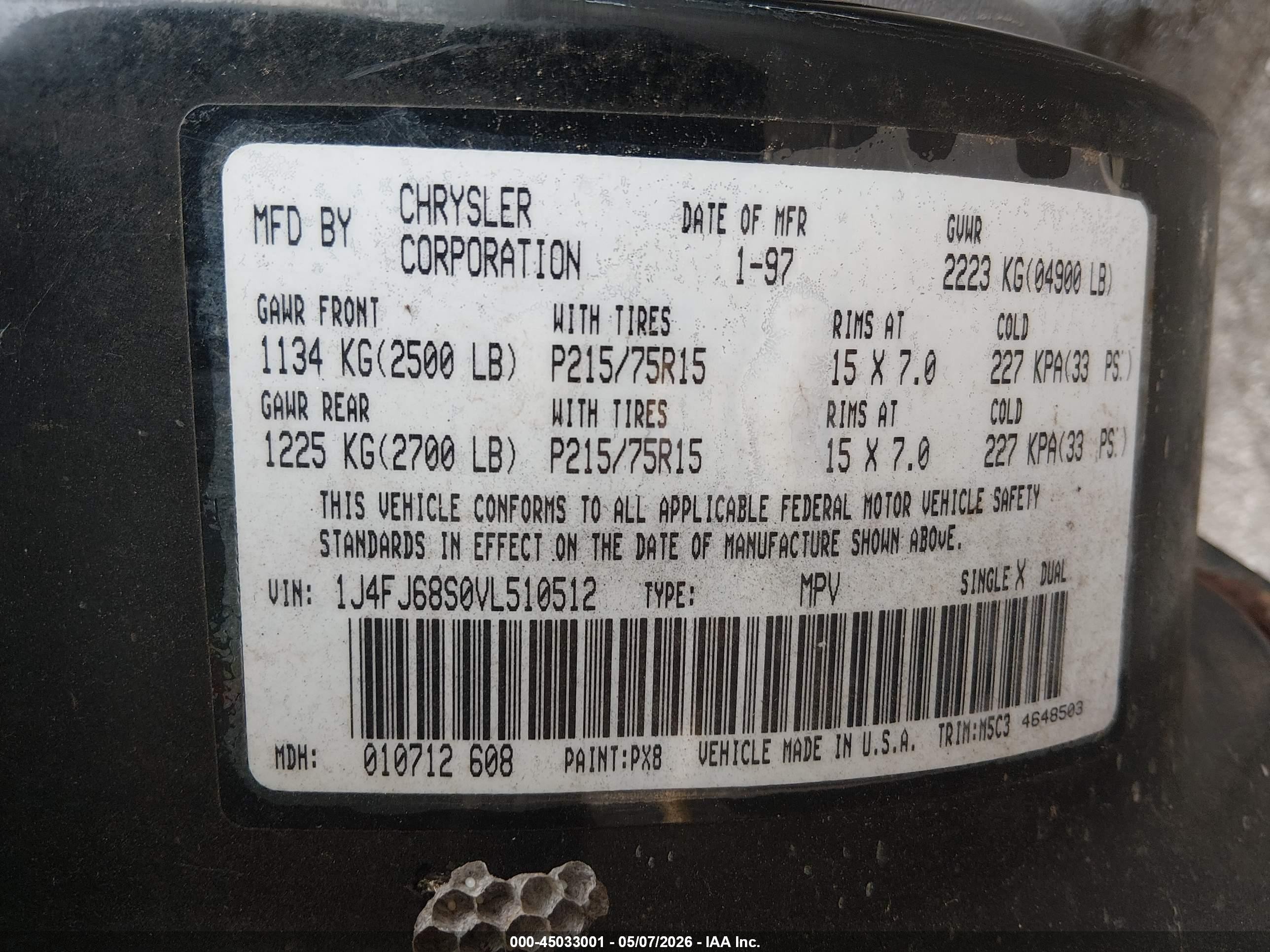 1997 Jeep Cherokee Sport Black vin: 1J4FJ68S0VL510512
