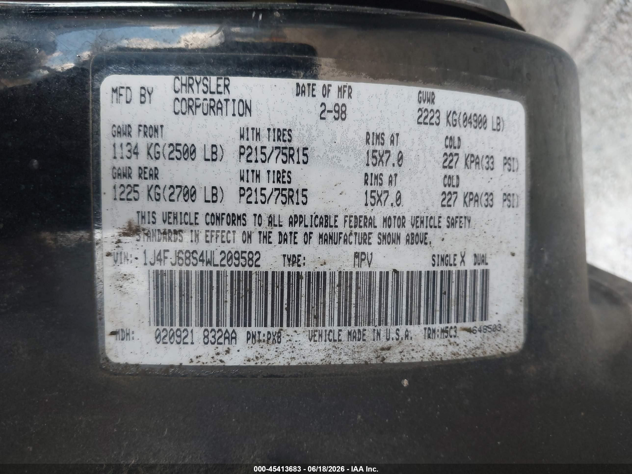 1998 Jeep Cherokee Classic/sport Black vin: 1J4FJ68S4WL209582
