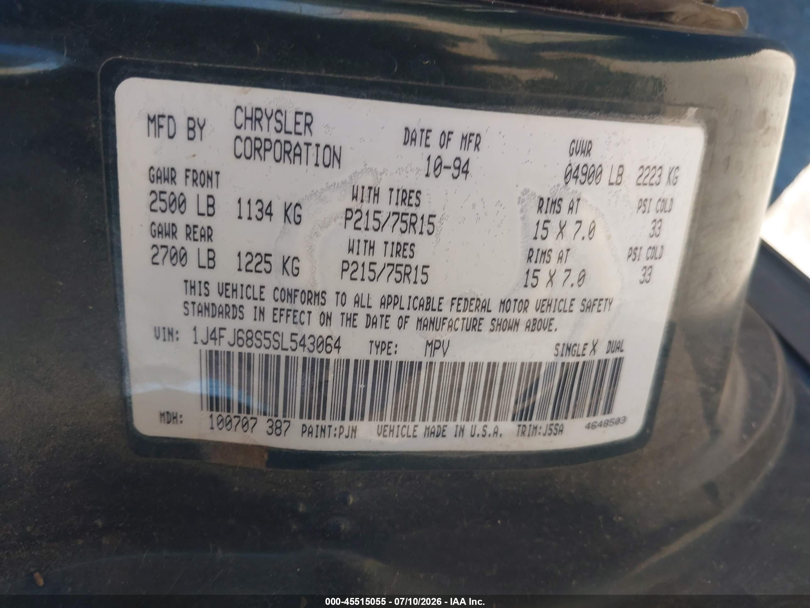 1995 Jeep Cherokee Sport Green vin: 1J4FJ68S5SL543064