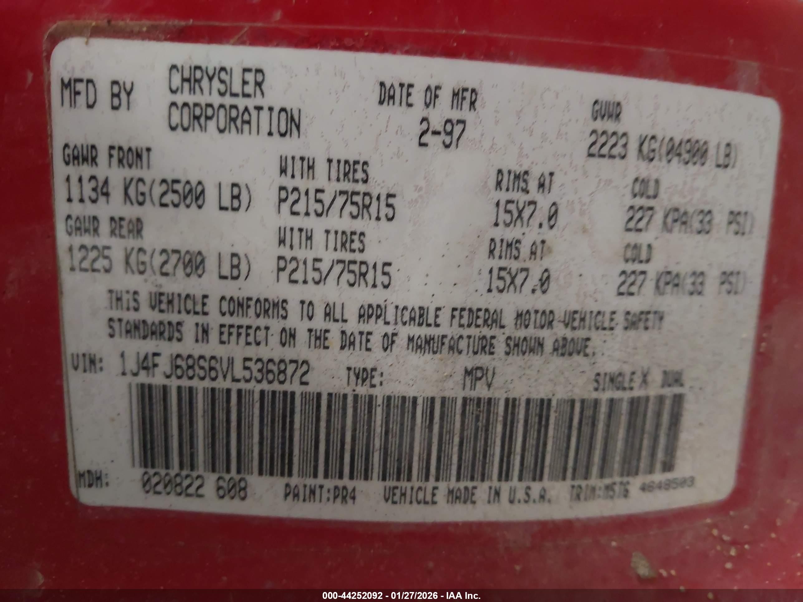 1997 Jeep Cherokee Sport Red vin: 1J4FJ68S6VL536872