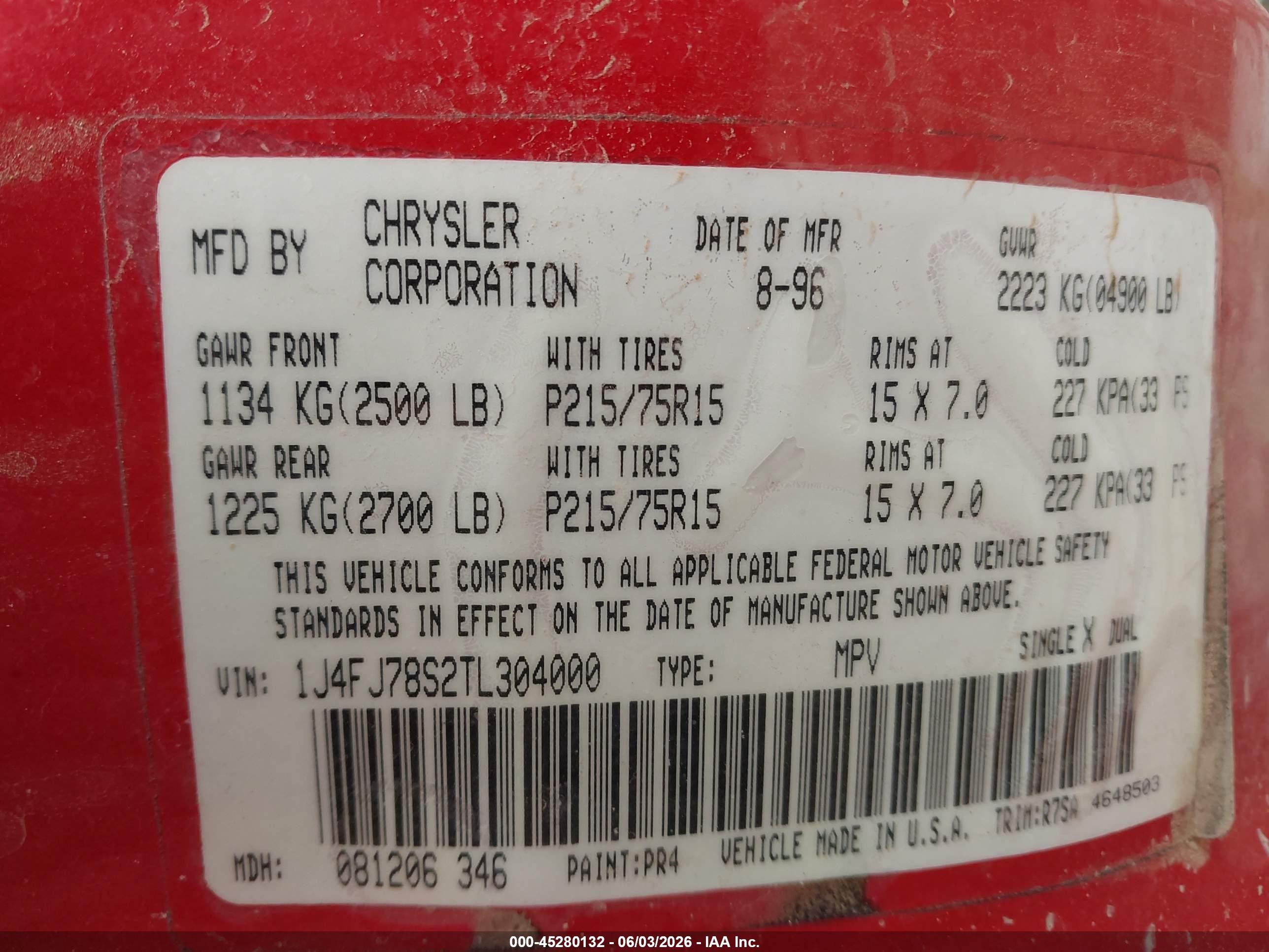 1996 Jeep Cherokee Country Red vin: 1J4FJ78S2TL304000