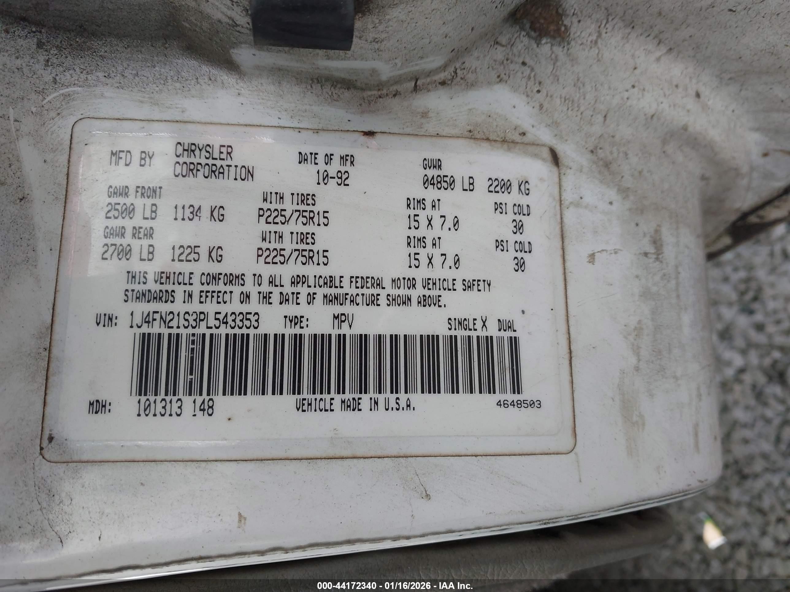 1993 Jeep Cherokee Postal White vin: 1J4FN21S3PL543353