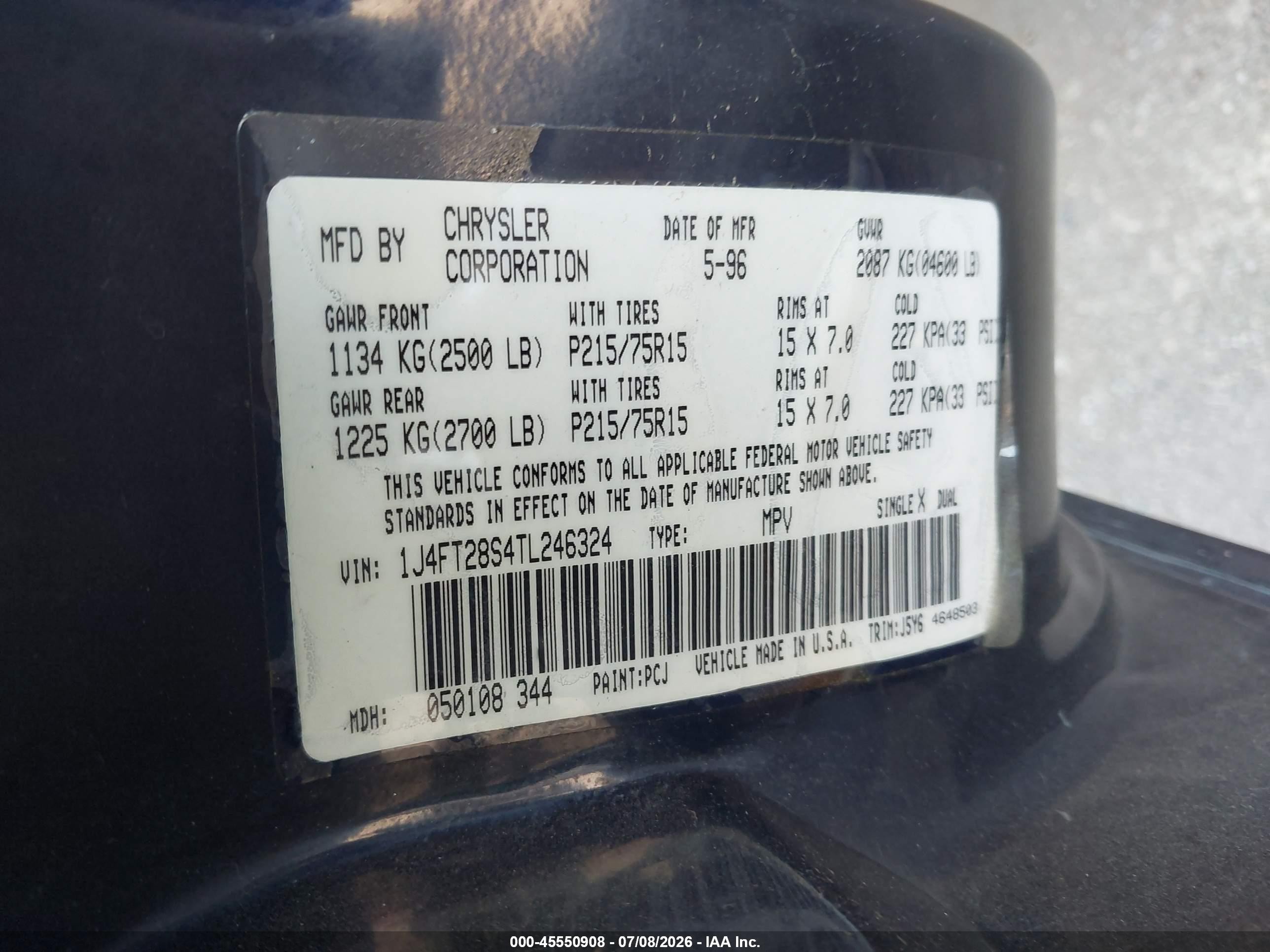 1996 Jeep Cherokee Se Dark Blue vin: 1J4FT28S4TL246324