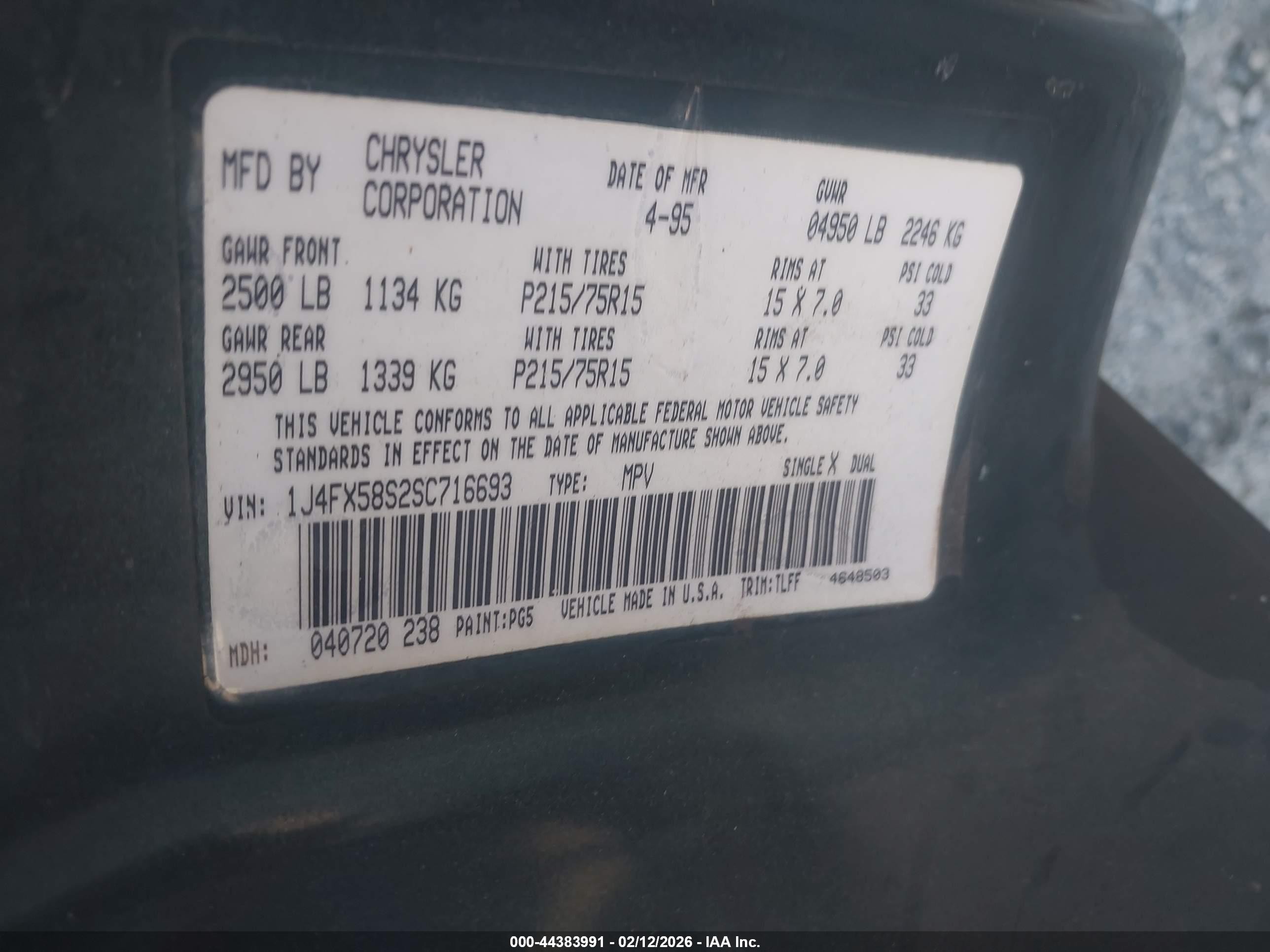 1995 Jeep Grand Cherokee Laredo Green vin: 1J4FX58S2SC716693
