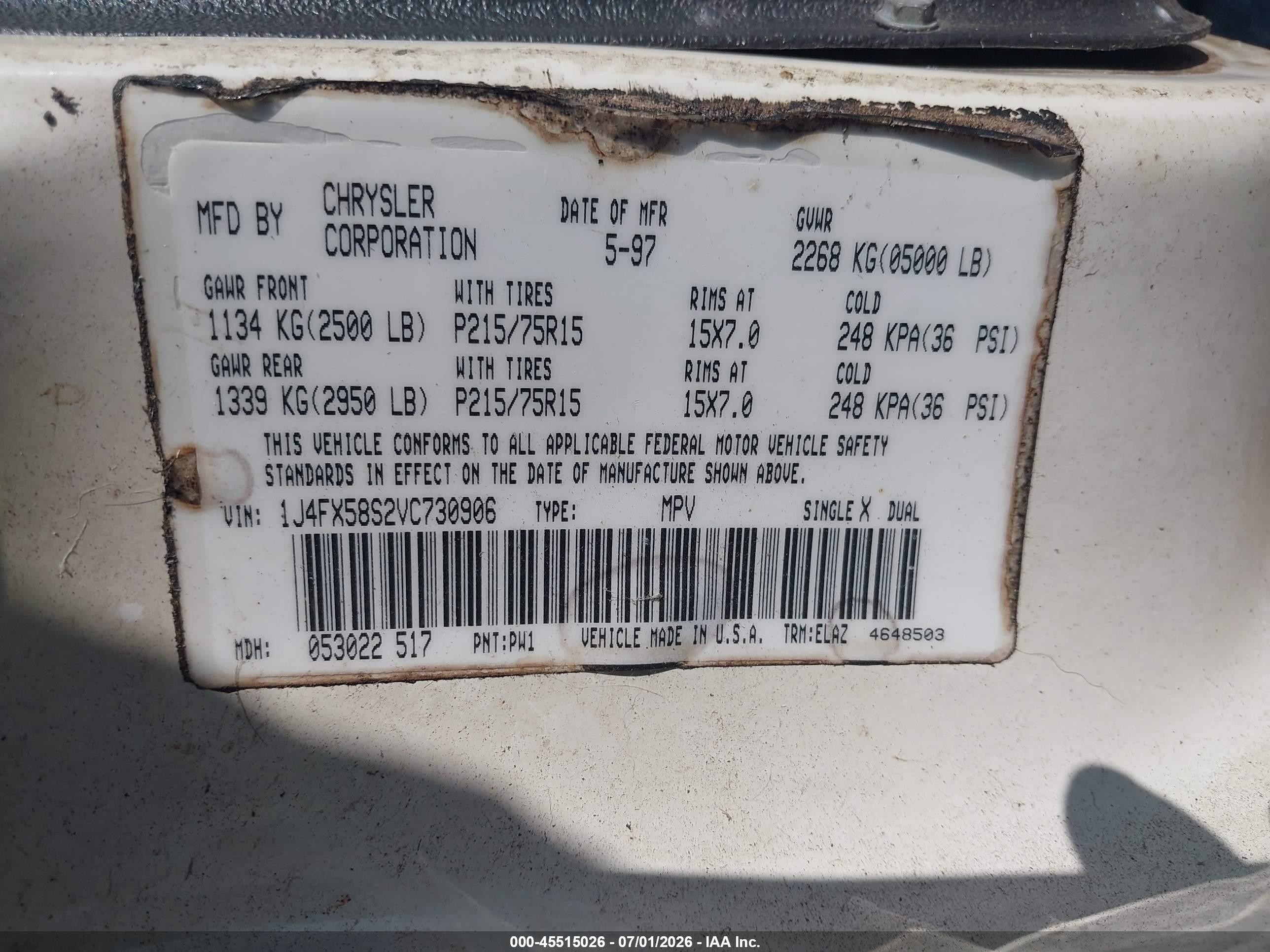 1997 Jeep Grand Cherokee Laredo/tsi White vin: 1J4FX58S2VC730906