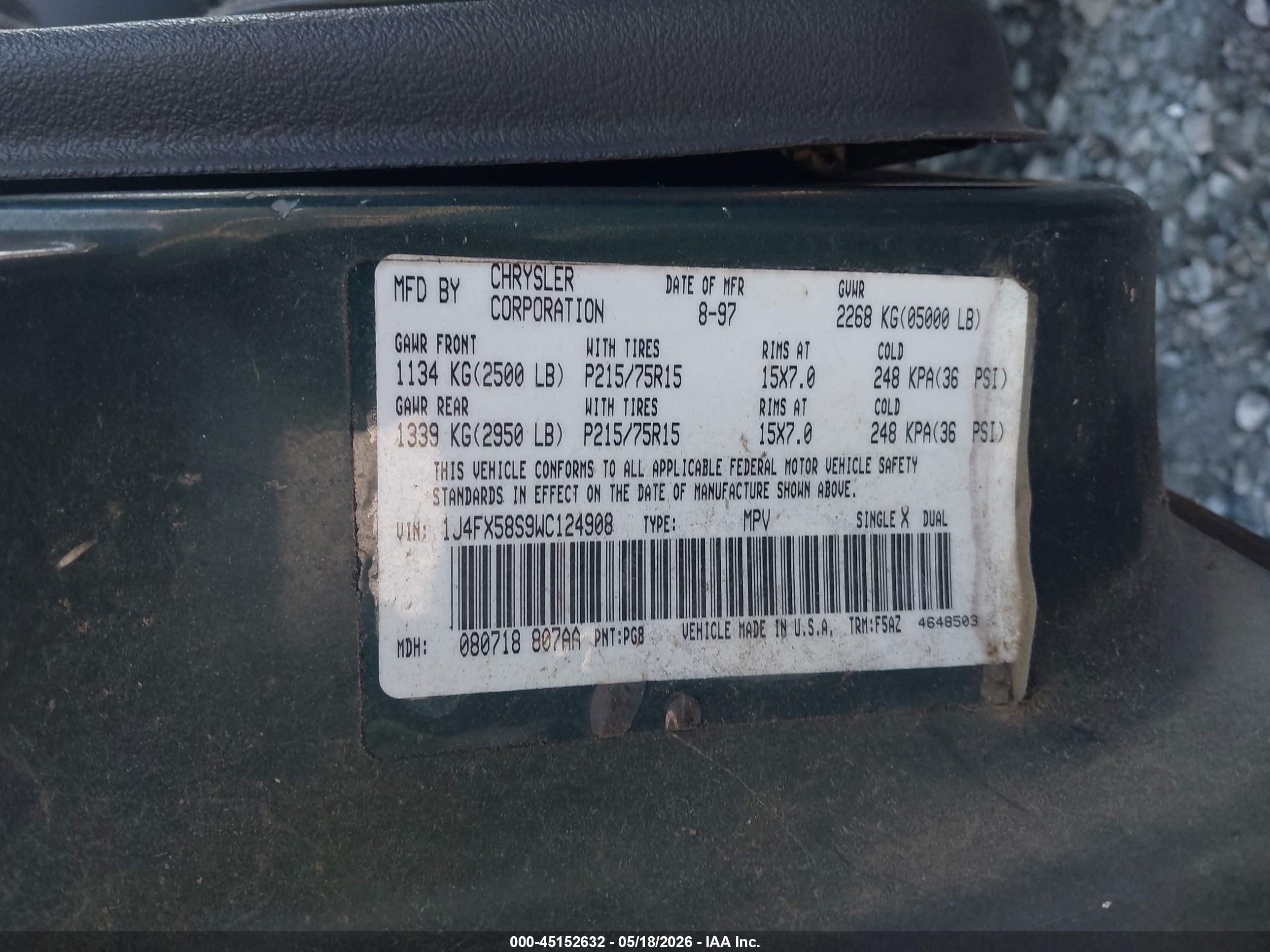 1998 Jeep Grand Cherokee Laredo Green vin: 1J4FX58S9WC124908