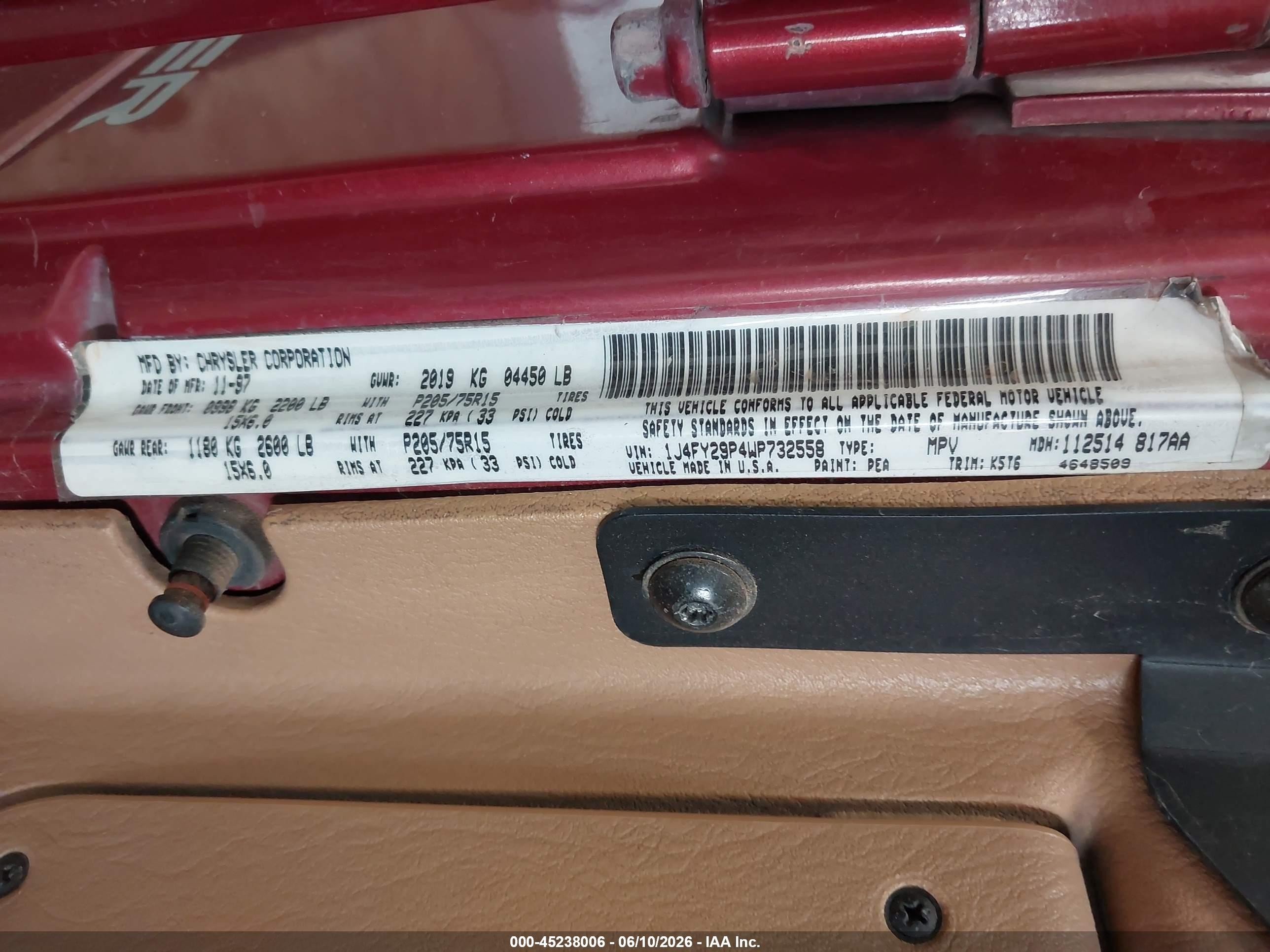 1998 Jeep Wrangler Se Red vin: 1J4FY29P4WP732558