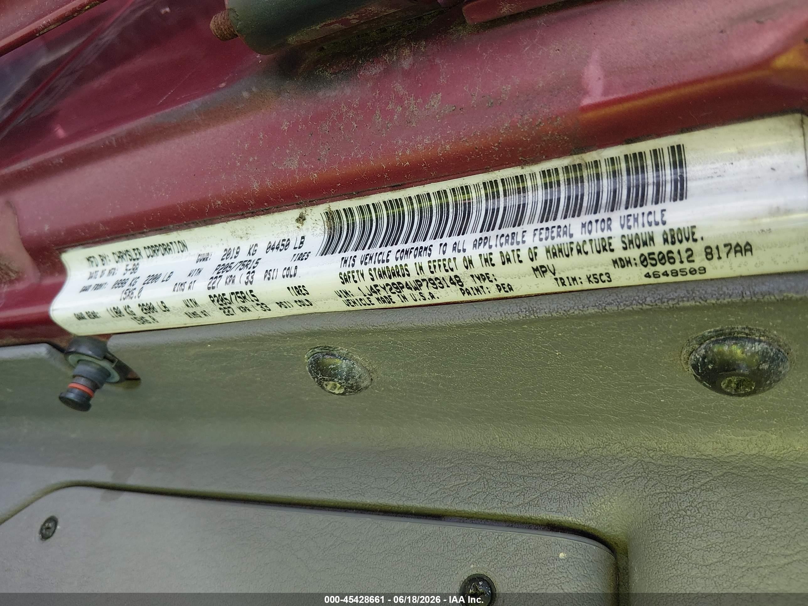 1998 Jeep Wrangler Se Бордовый vin: 1J4FY29P4WP793148