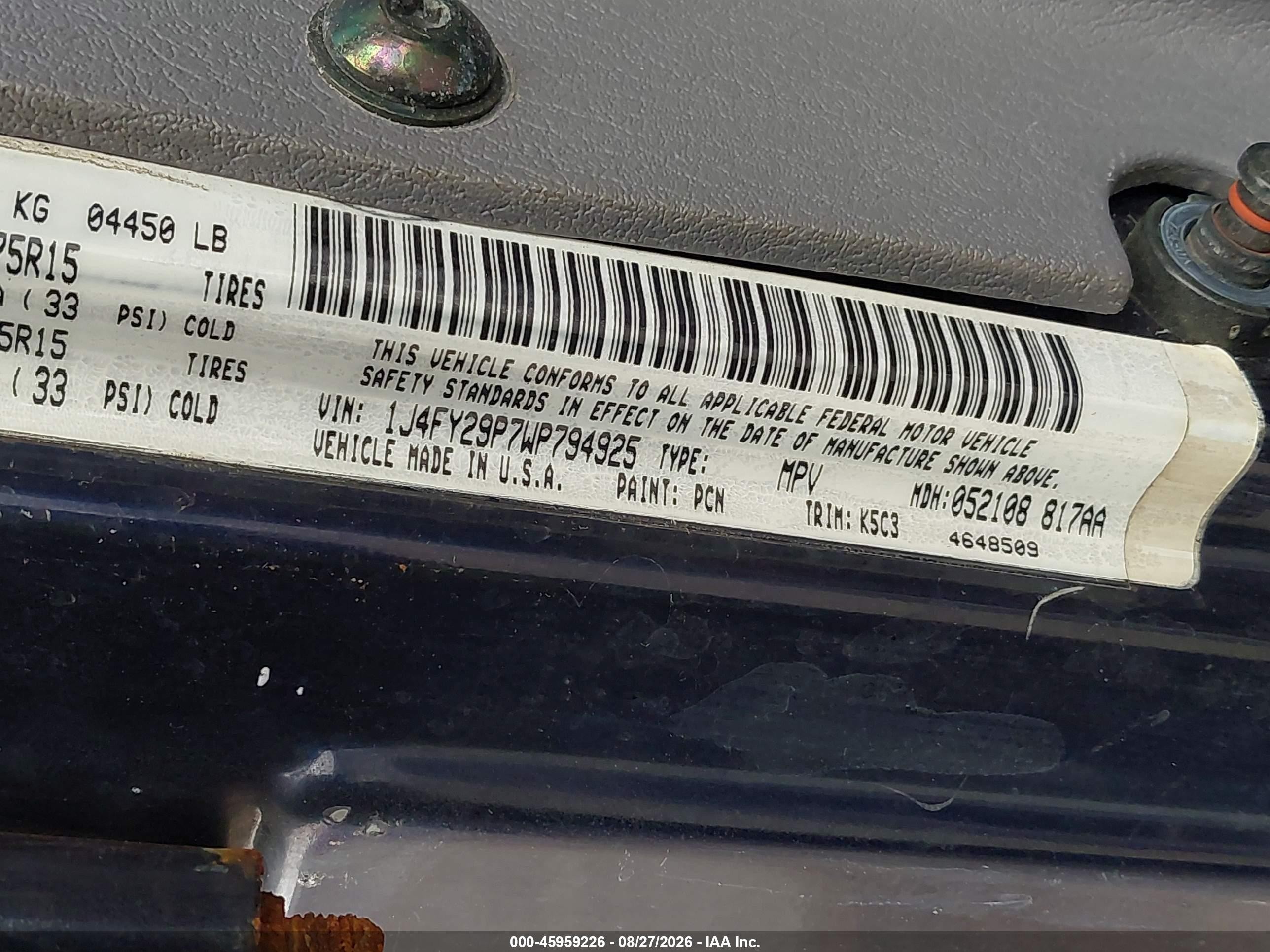1998 Jeep Wrangler Se Blue vin: 1J4FY29P7WP794925