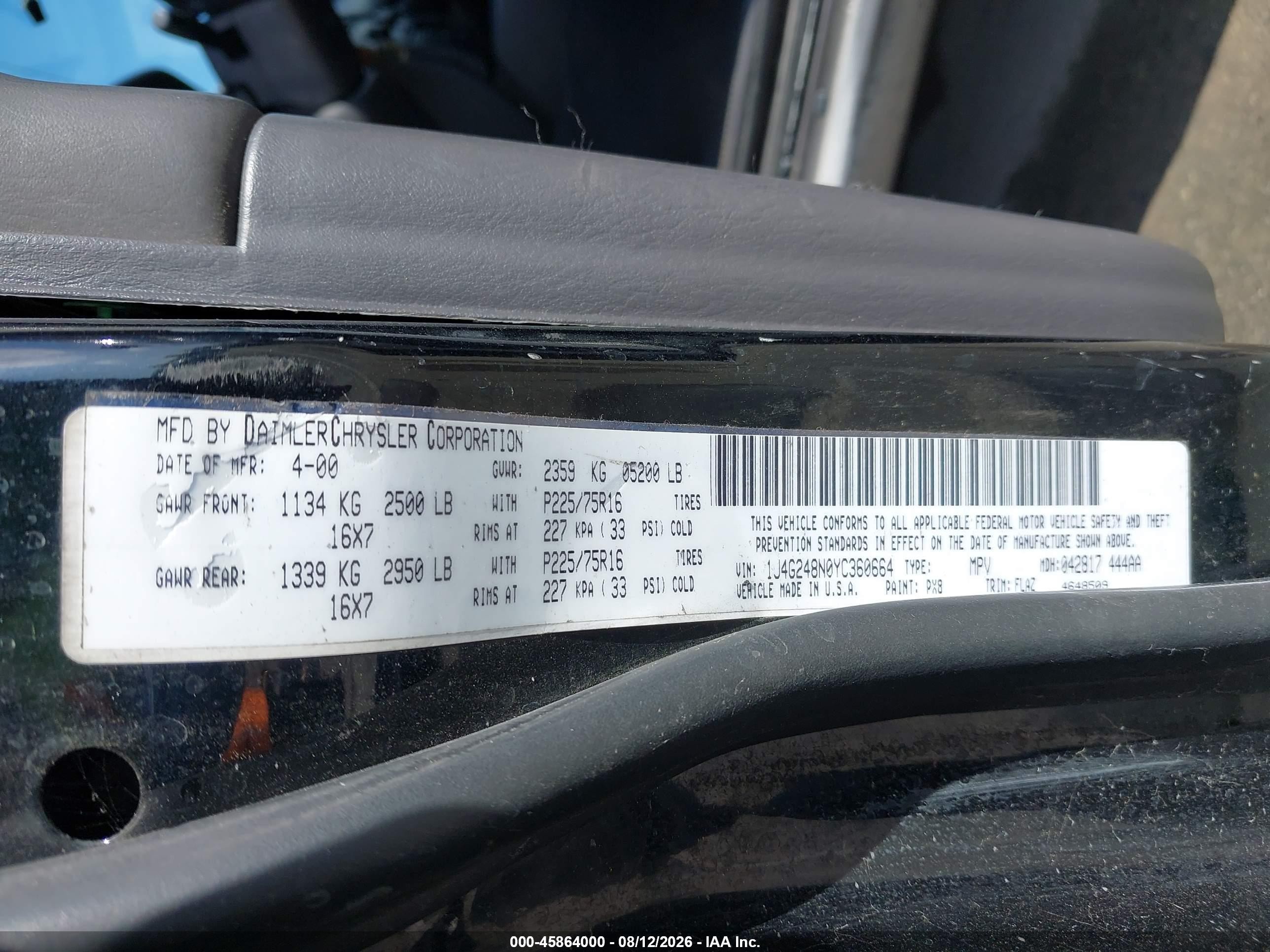 2000 Jeep Grand Cherokee Laredo Black vin: 1J4G248N0YC360664
