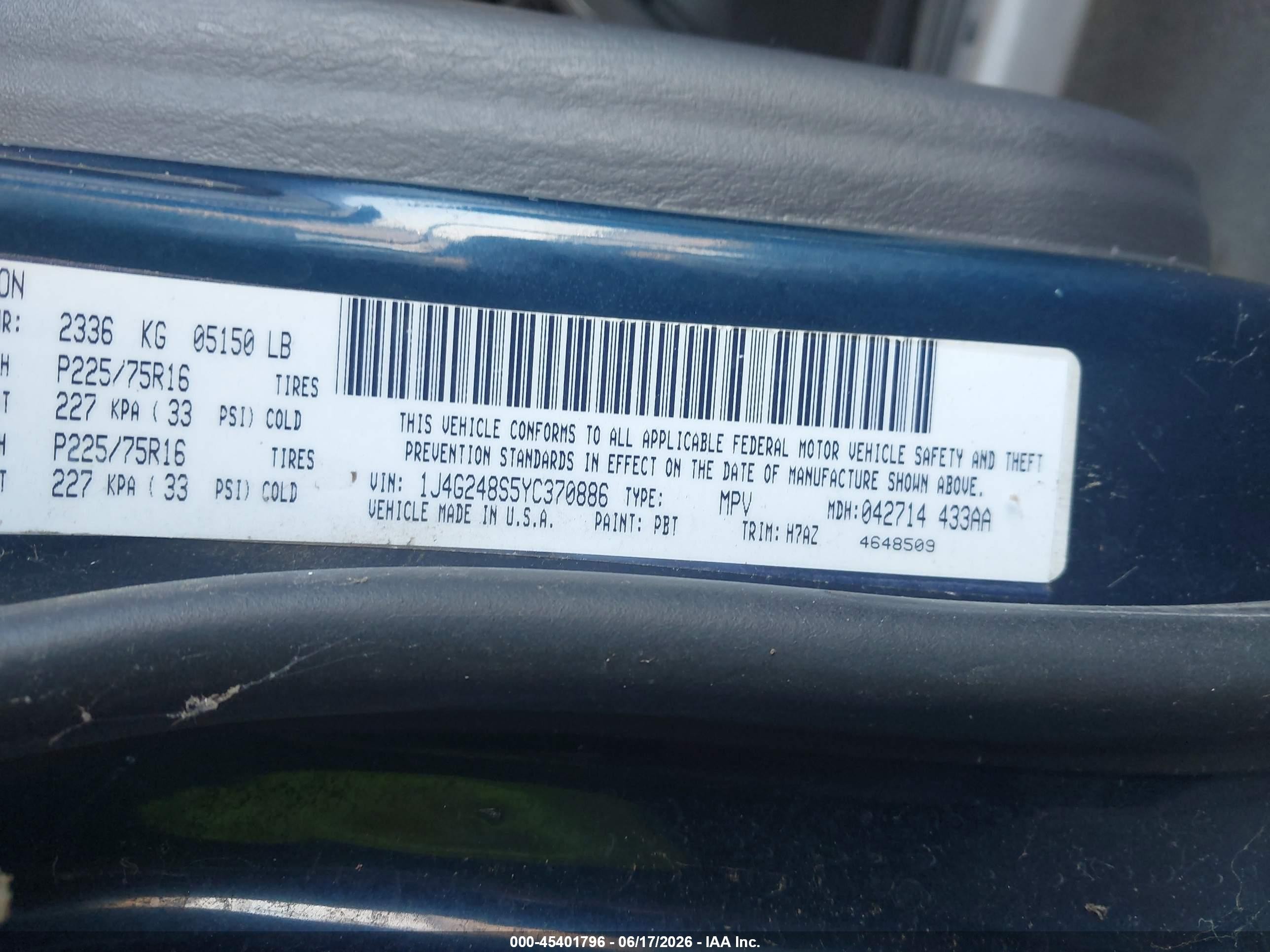 2000 Jeep Grand Cherokee Laredo Blue vin: 1J4G248S5YC370886
