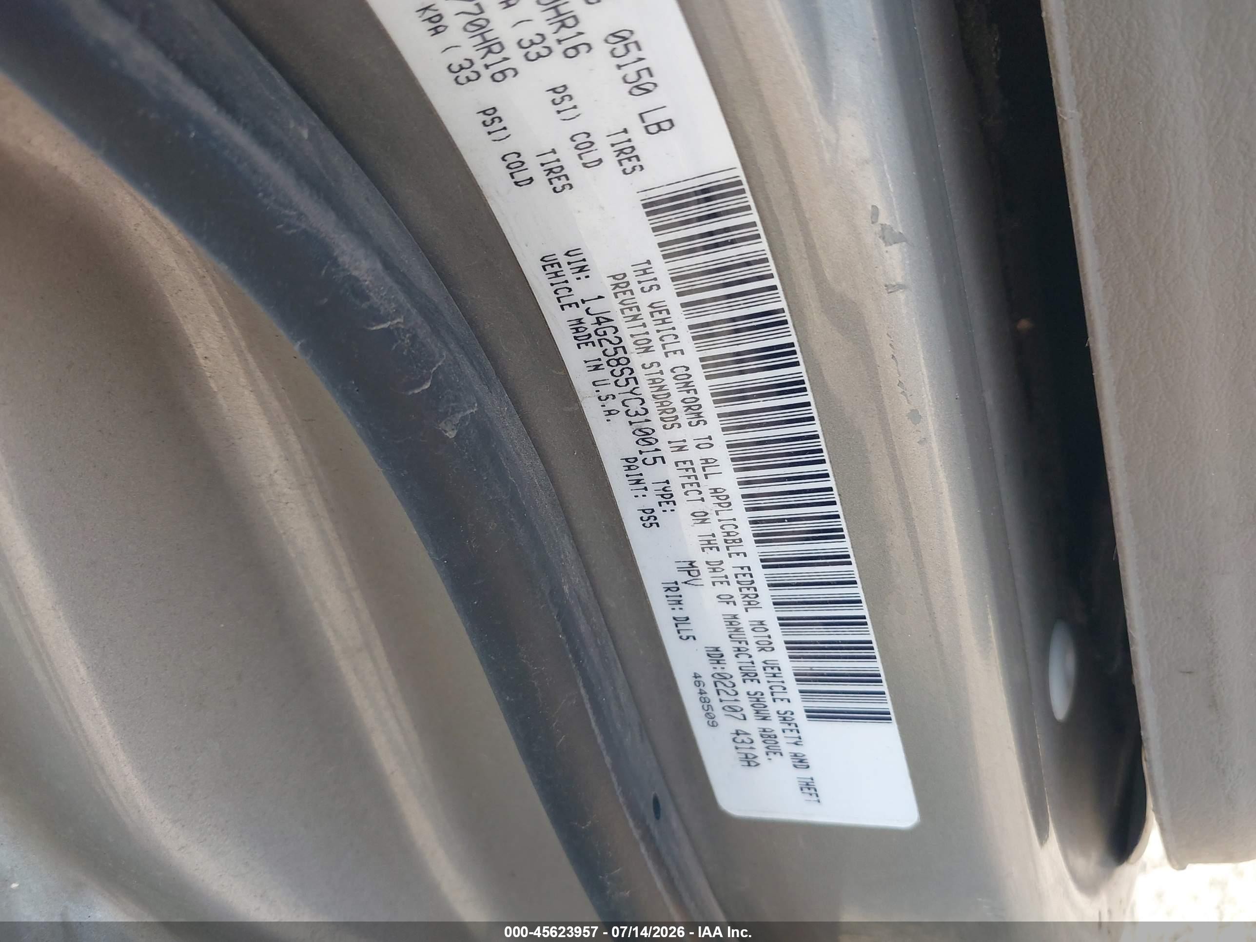 2000 Jeep Grand Cherokee Limited Champagne vin: 1J4G258S5YC310015