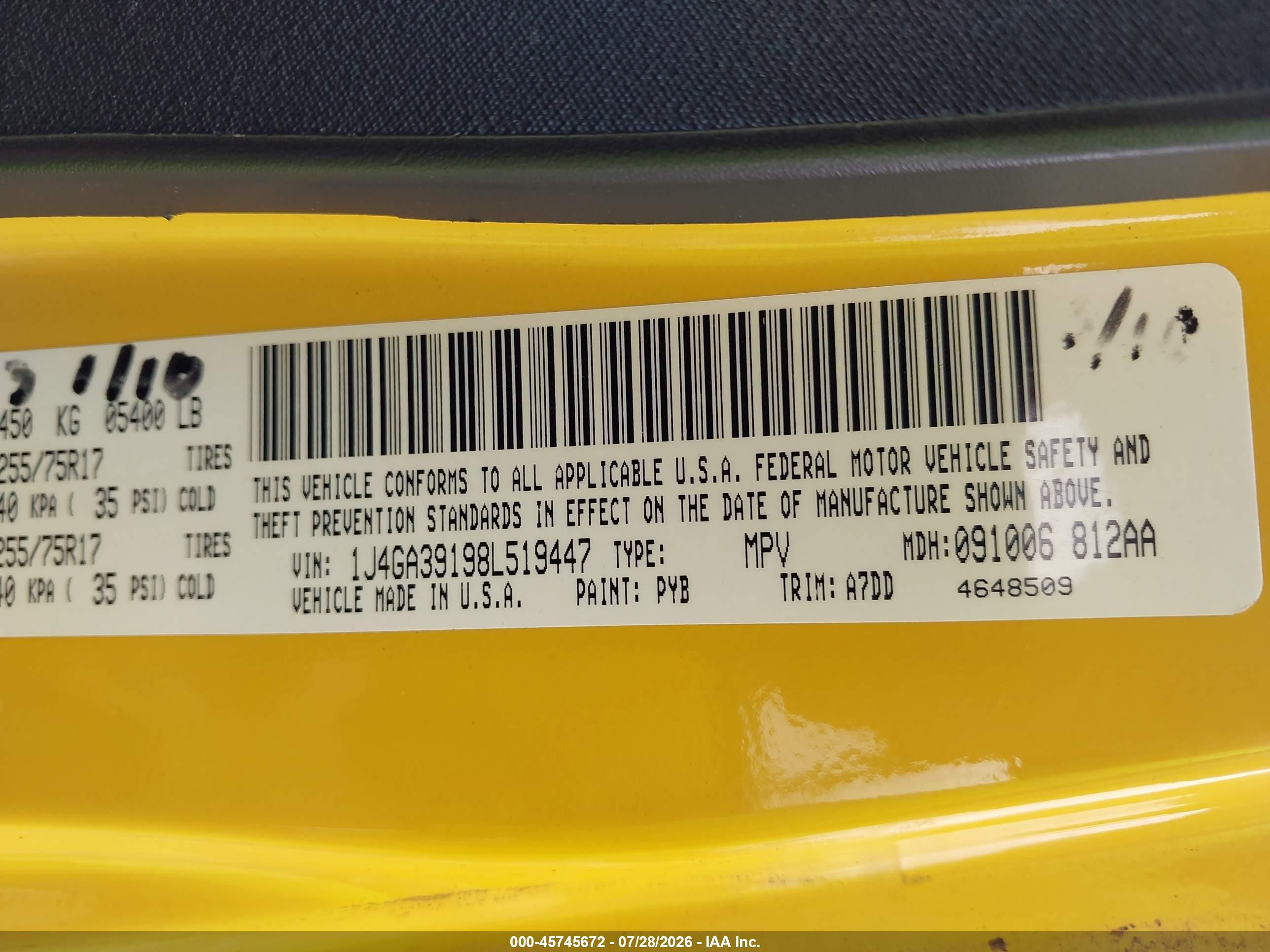 2008 Jeep Wrangler Unlimited X Yellow vin: 1J4GA39198L519447