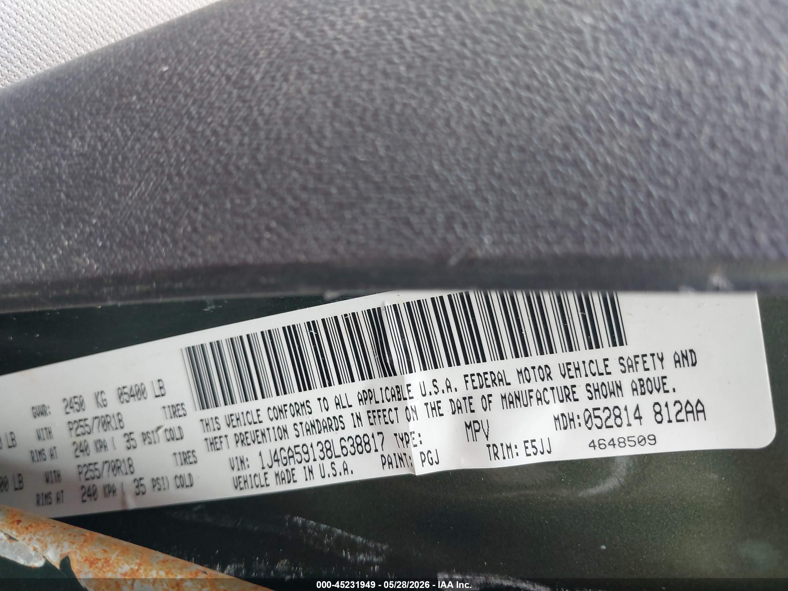 2008 Jeep Wrangler   Зеленый vin: 1J4GA59138L638817