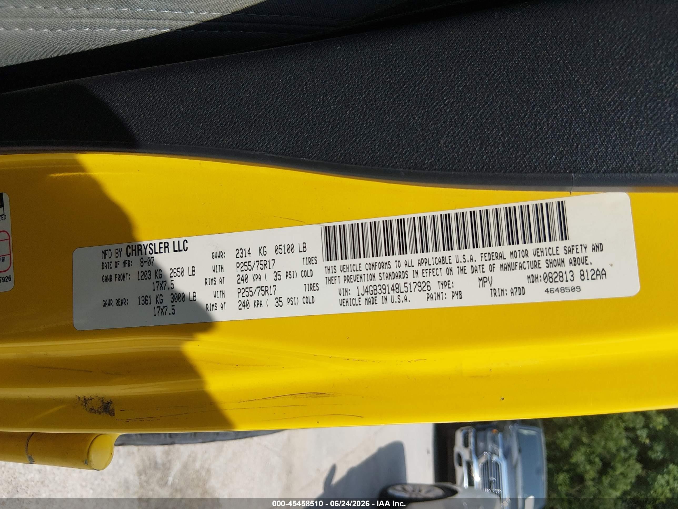 2008 Jeep Wrangler Unlimited X Yellow vin: 1J4GB39148L517926