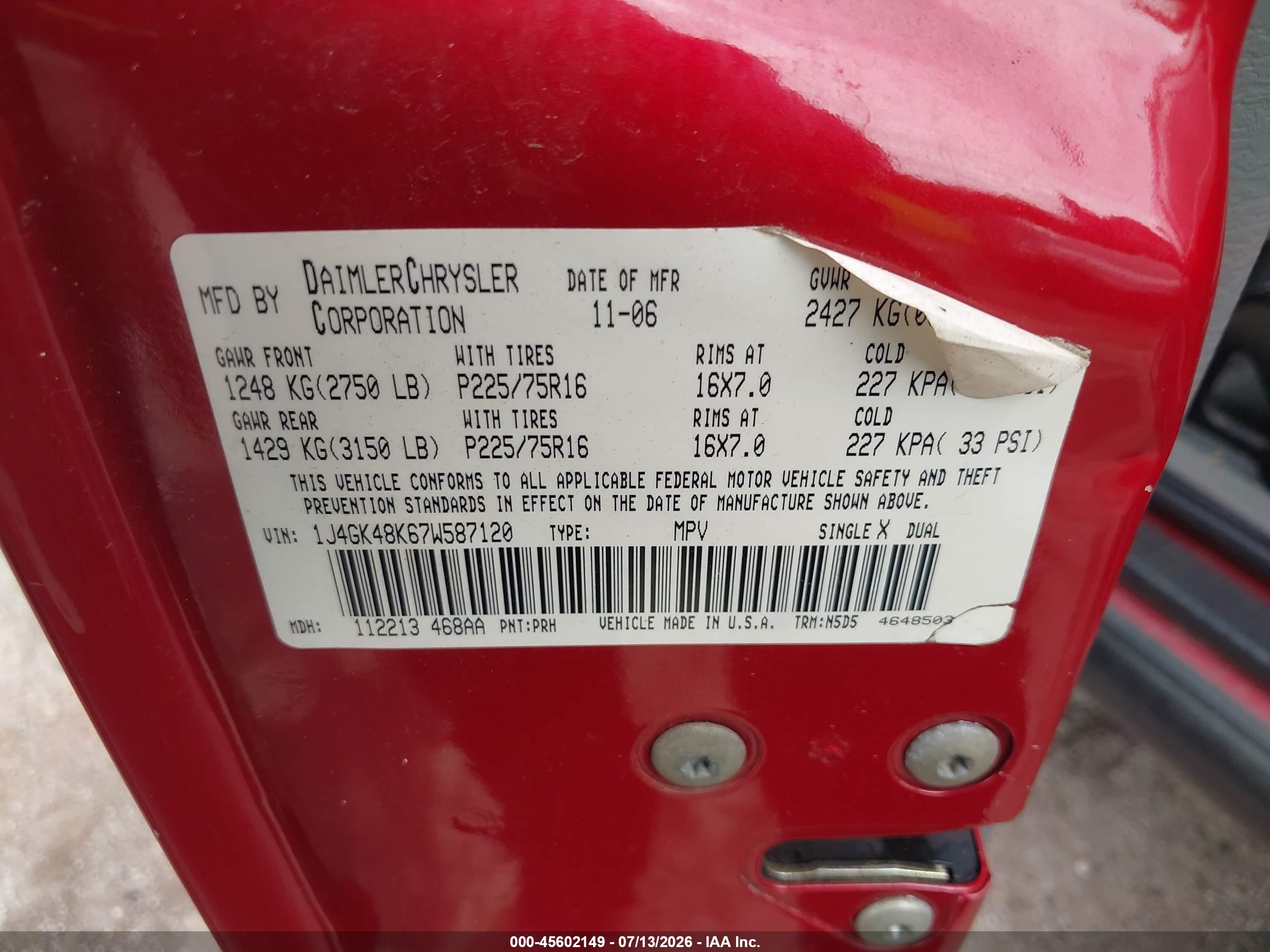 2007 Jeep Liberty Sport Red vin: 1J4GK48K67W587120