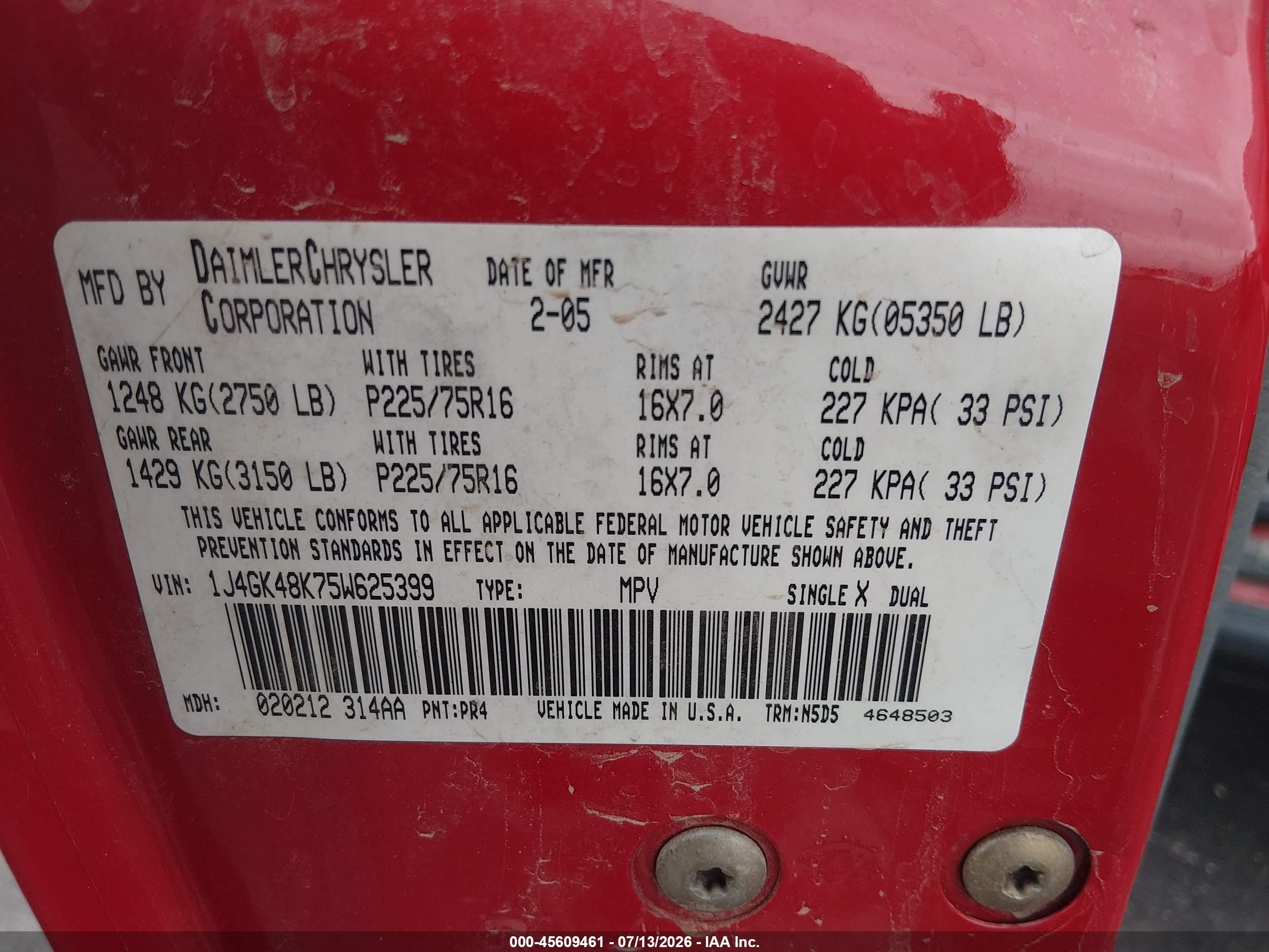 2005 Jeep Liberty Sport Red vin: 1J4GK48K75W625399