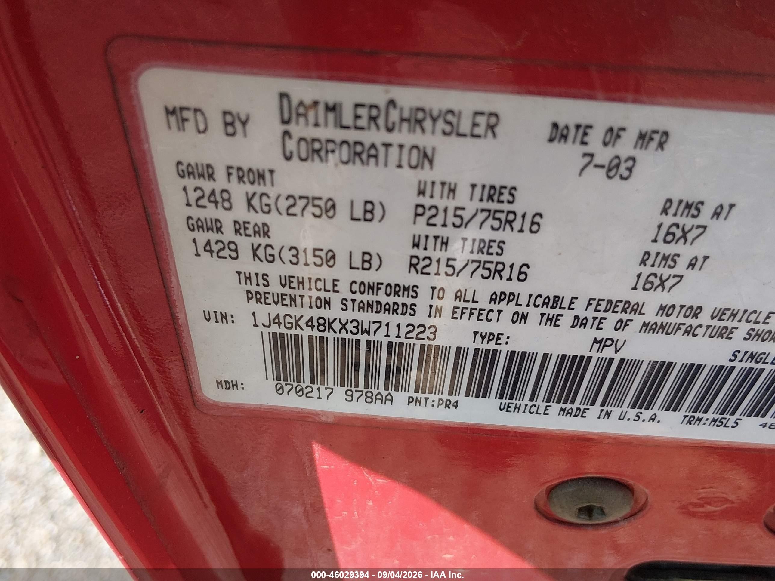 2003 Jeep Liberty Sport Red vin: 1J4GK48KX3W711223