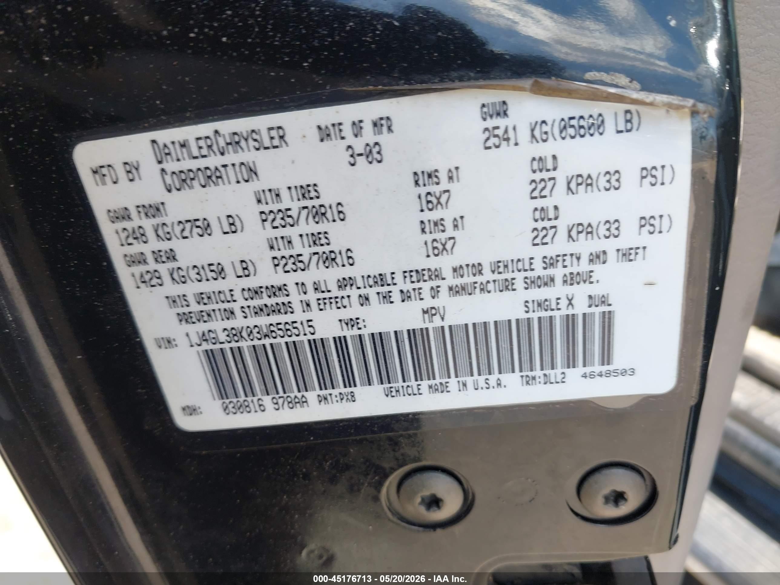 2003 Jeep Liberty Renegade Black vin: 1J4GL38K03W656515