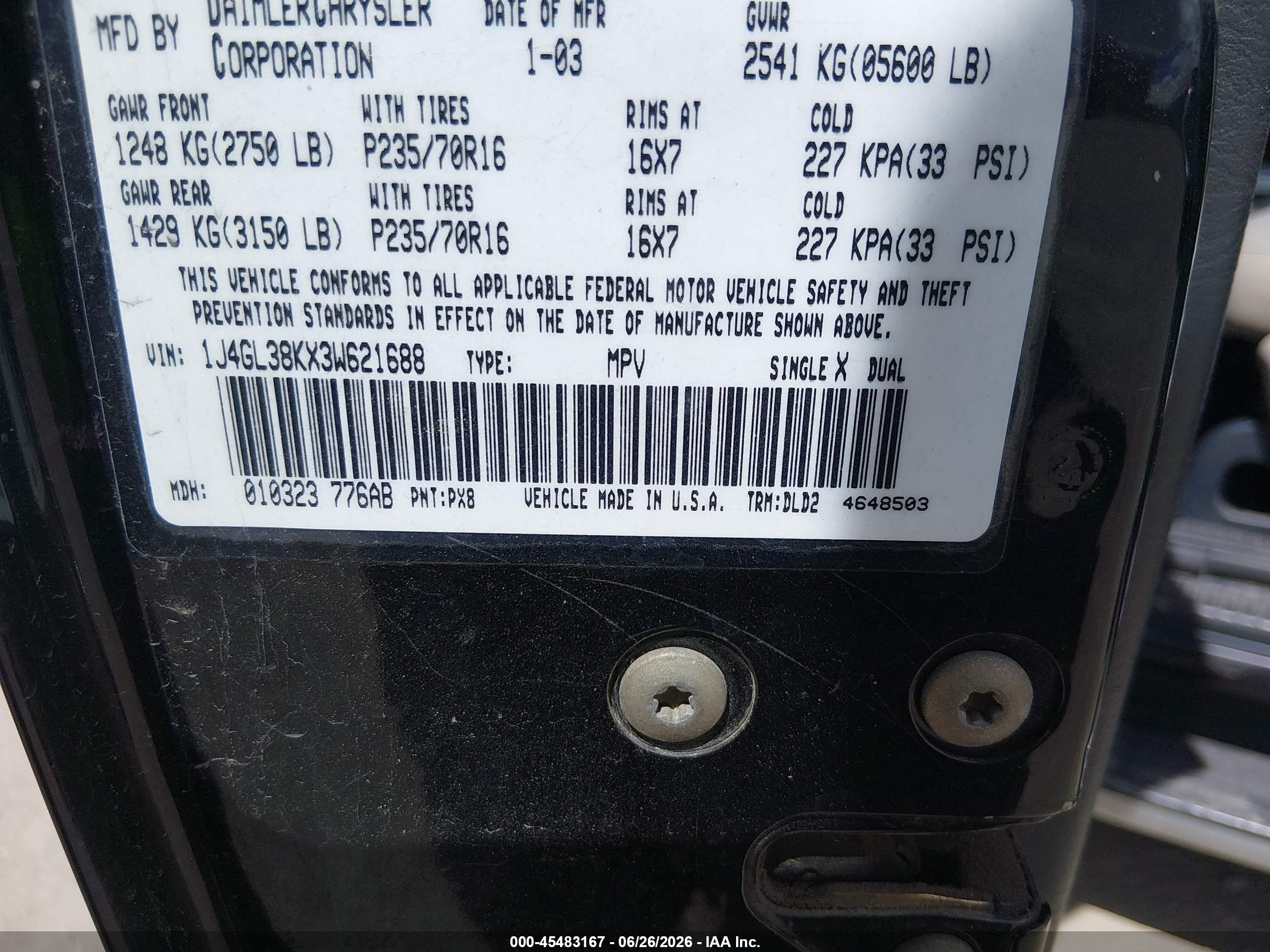 2003 Jeep Liberty Renegade Black vin: 1J4GL38KX3W621688