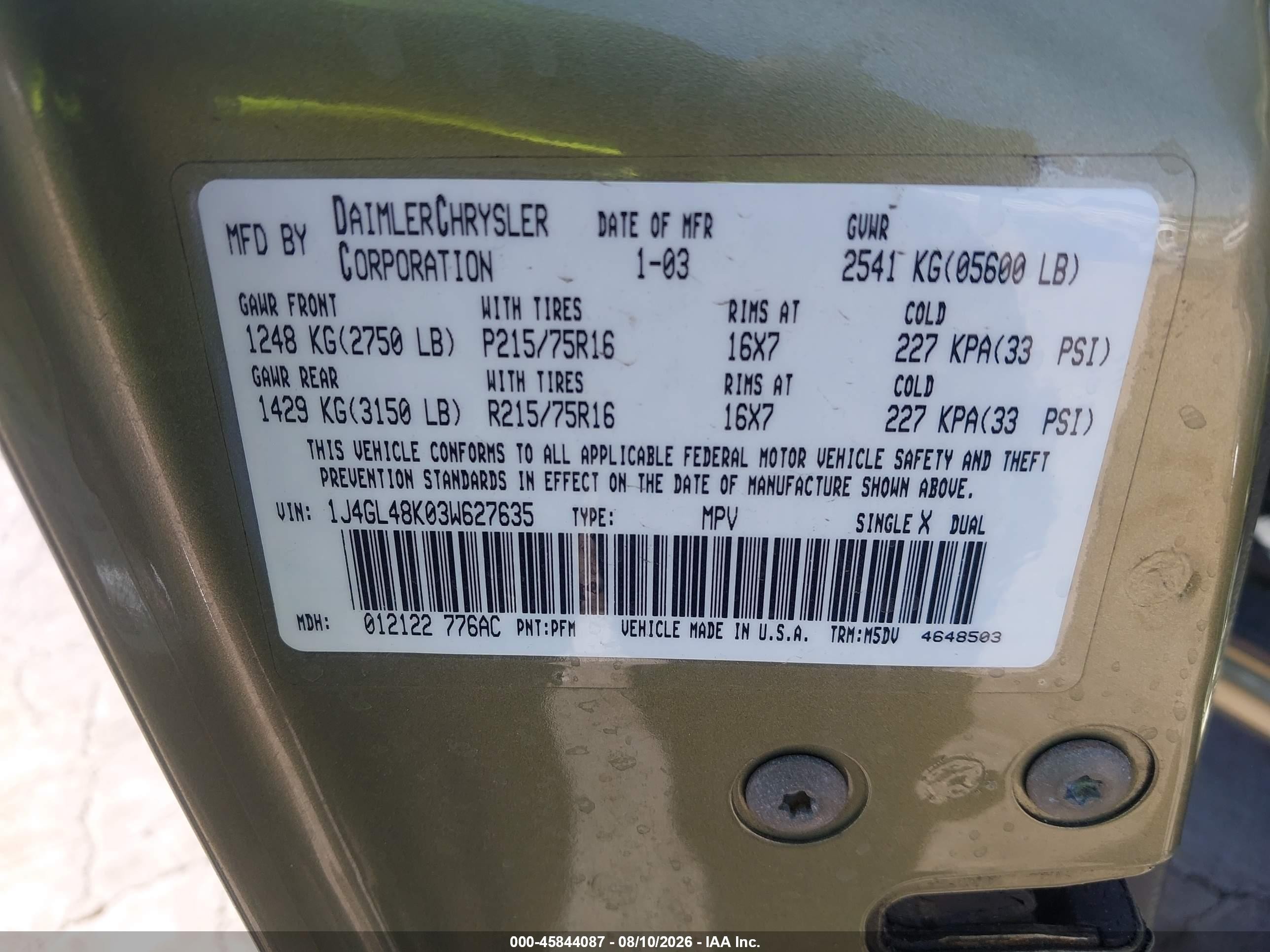 2003 Jeep Liberty Sport/freedom Green vin: 1J4GL48K03W627635